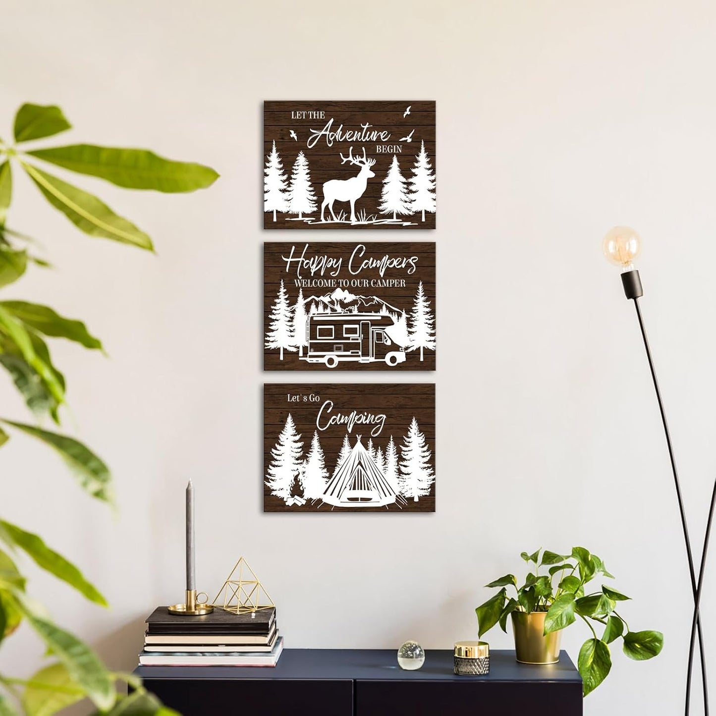 HOMEOART Camper Decor RV Wall Art Happy Campers Adventure Camping Wall Decor Sign, Deer in Forest Farmhouse Cabin Decoration,Framed 12x16inchx3Piece, Rustic Brown