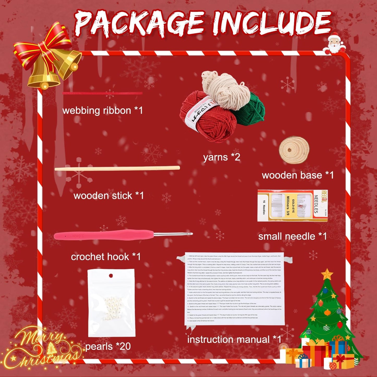 SHANGFEI DIY Crochet Christmas Tree Kit,Handmade Crochet Christmas Tree,Tree Bow Pearl Embellishment,Beginner Christmas Crochet Kit,Christmas Craft Kit(Red+Green)