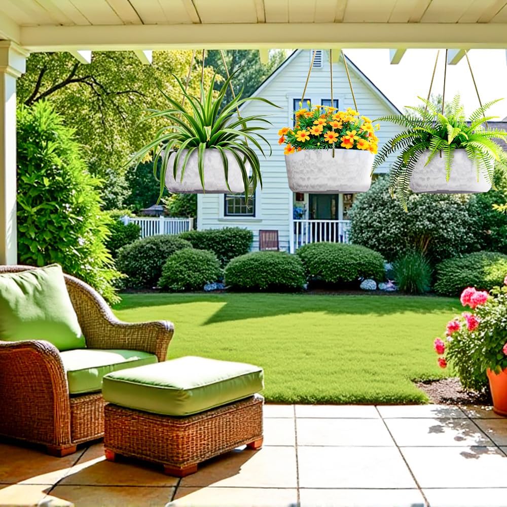 10.7 Inch Hanging Planter for Outdoor Indoor Plants，2 Pack Hanging Flower Pots with Drain Holes for Garden Home Decor Use (Marble)