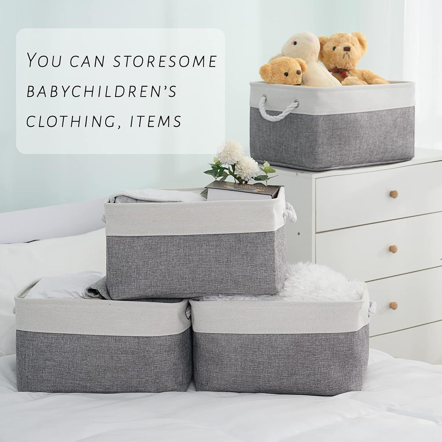 TcaFmac Collapsible Storage Bins for Organization - Large 3 Pack Canvas Storage Basket for Shelves, Organizer Baskets for Organizing for Closet Cloth Dog Toy Baby (White & Grey 16x12x8 inch)