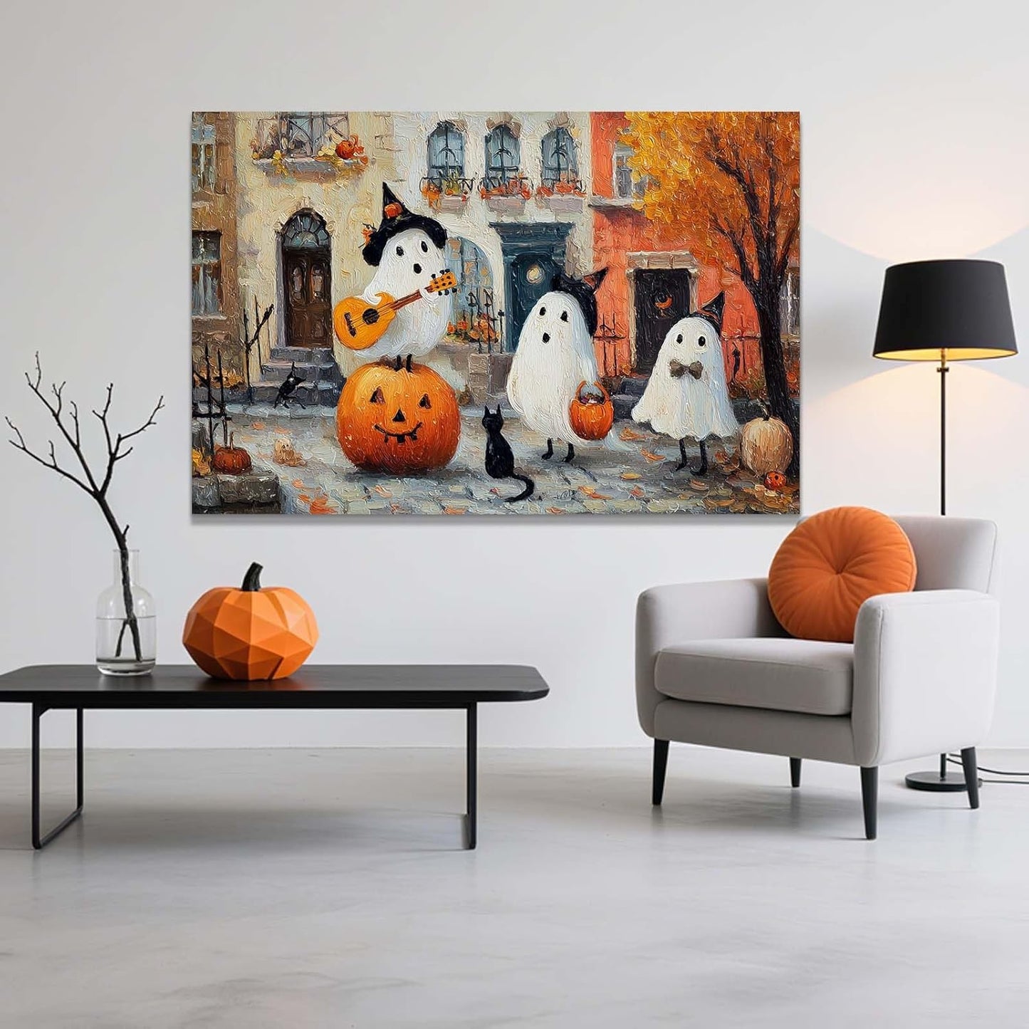 Laoife Vintage Halloween Canvas Wall Art, Autumn Pumpkin Cute Ghost Canvas Prints, Halloween Party House Decoration (Ghost 5)