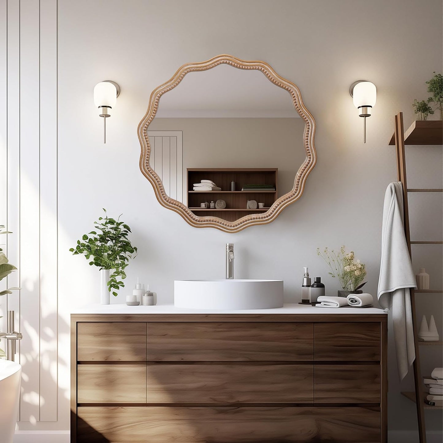 Round Mirror Vanity Mirrors for Bathroom with Wavy Wood & Beaded Frame - Wall Mirrors for Living Room,Entry Mirrors for Wall,Decorative Mirror