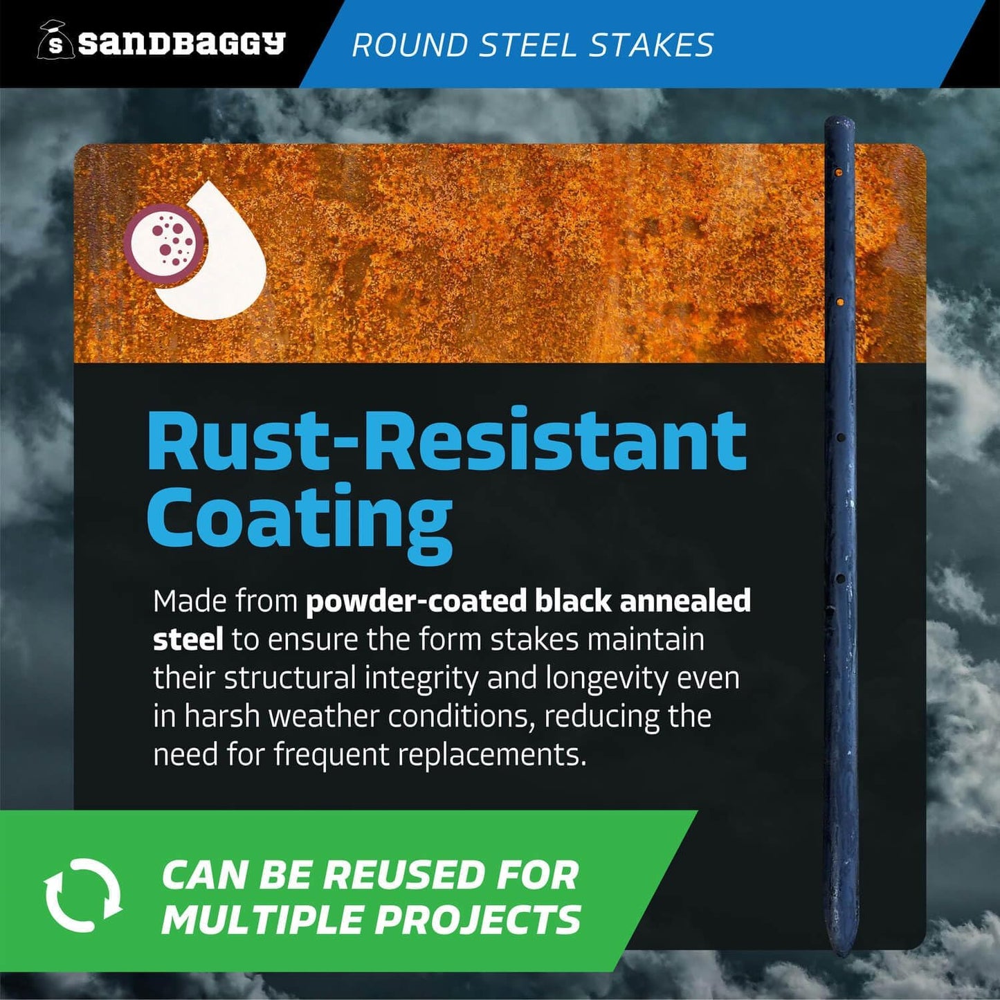 Sandbaggy Round Steel Concrete Form Stakes with Nail Holes - Rust Resistant Coating - Removable, Reusable (20, 3/4 in X 18 in)
