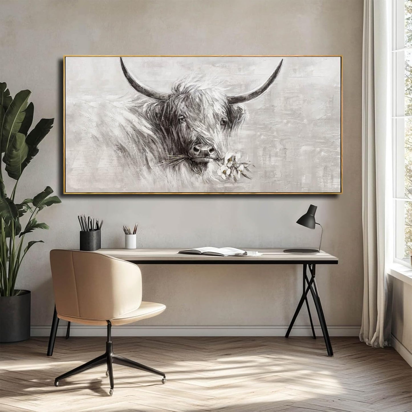 Farmhouse Wall Decor Framed Cow Artwork Grey Vintage Wall Art Canvas Flower Print Rustic Animal Pictures Style for Bedroom Dining Room 24x48 Inch