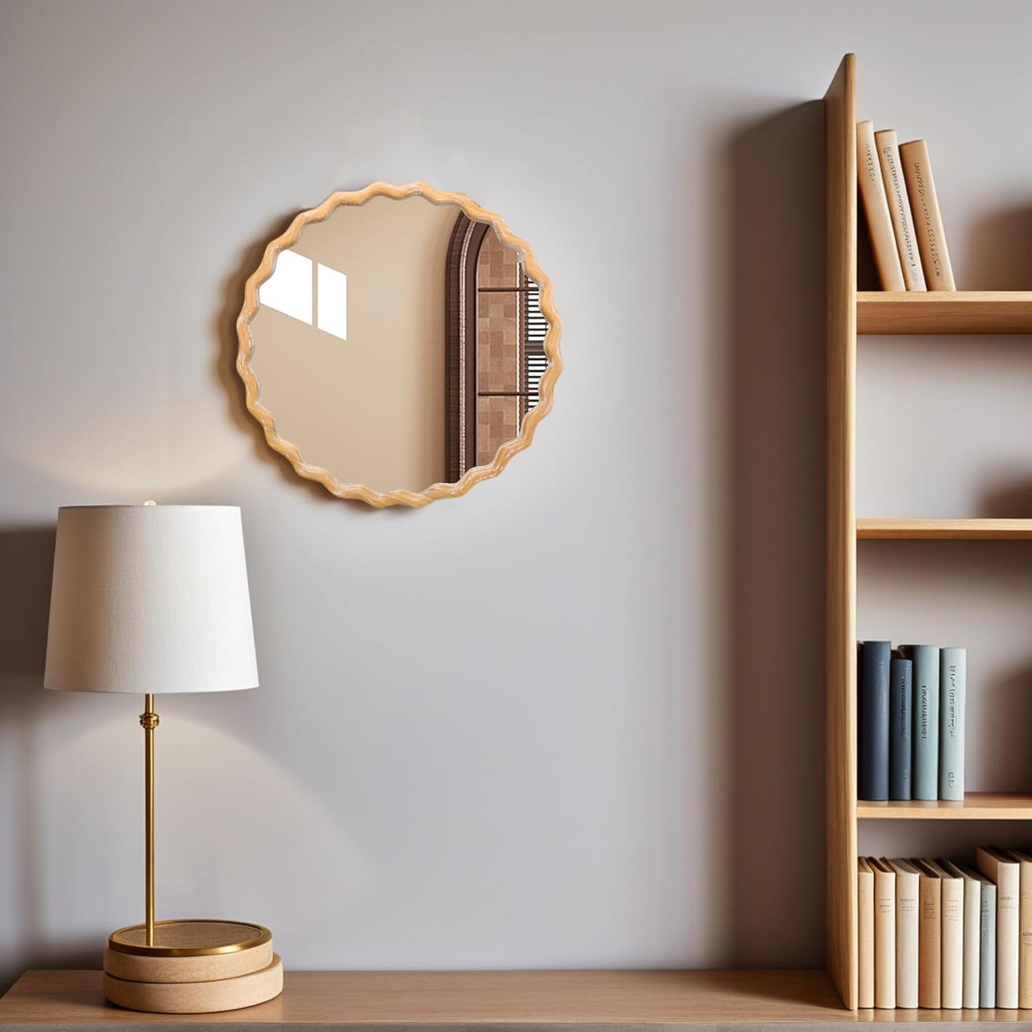 Wavy Mirror 27.5x27.5 Inch, Decorative Bathroom Mirror with Natural Wood Frame, Entry Way Mirrors for Wall, Shatterproof Glass, Mirrors for Wall Decor