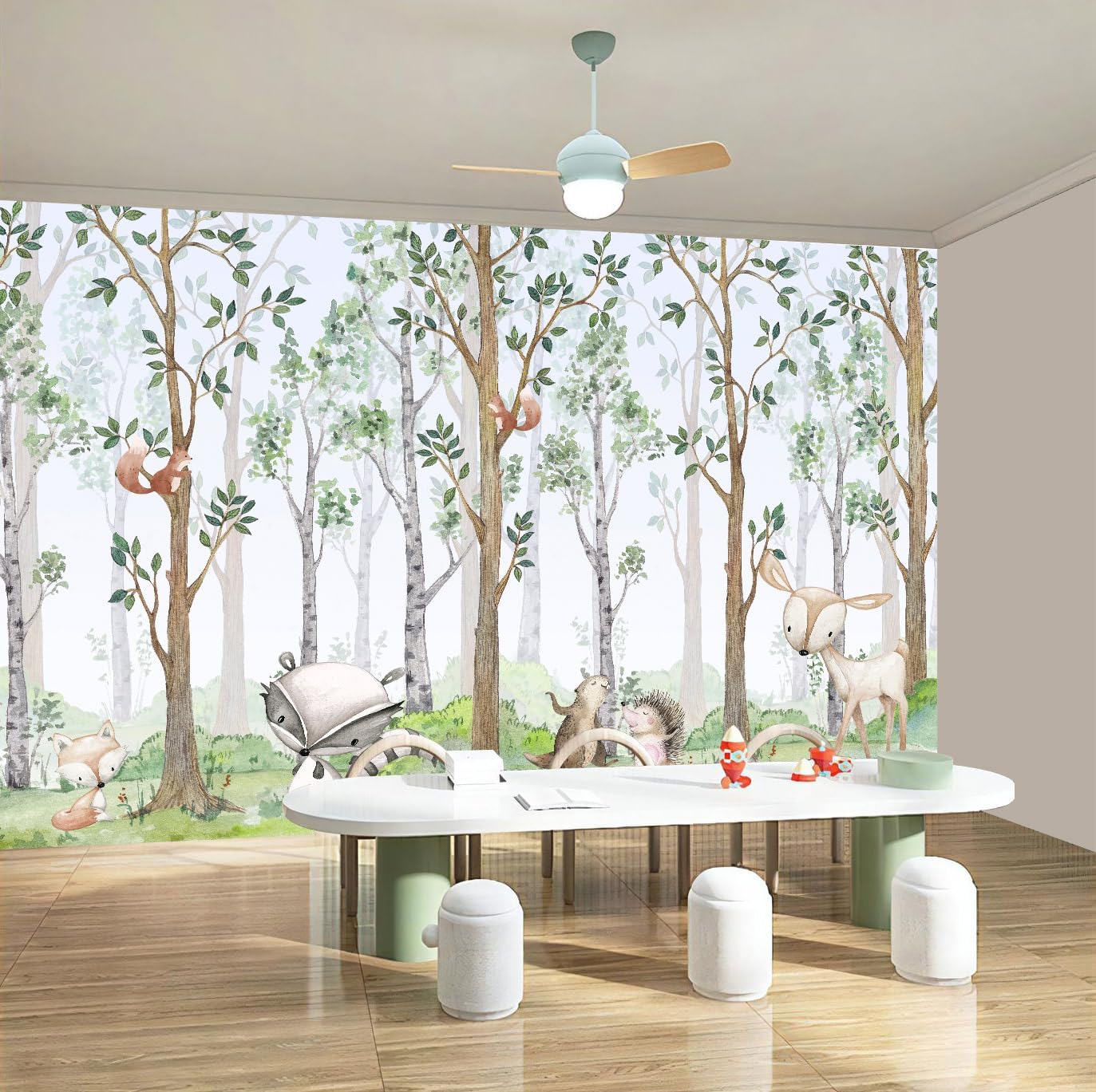 WFBHUA-Kids Wallpaper Watercolor Forest Cartoon Animals Wall Murals Suitable for Nursery Boys Girls Bedroom Room (Not Peel and Stick)