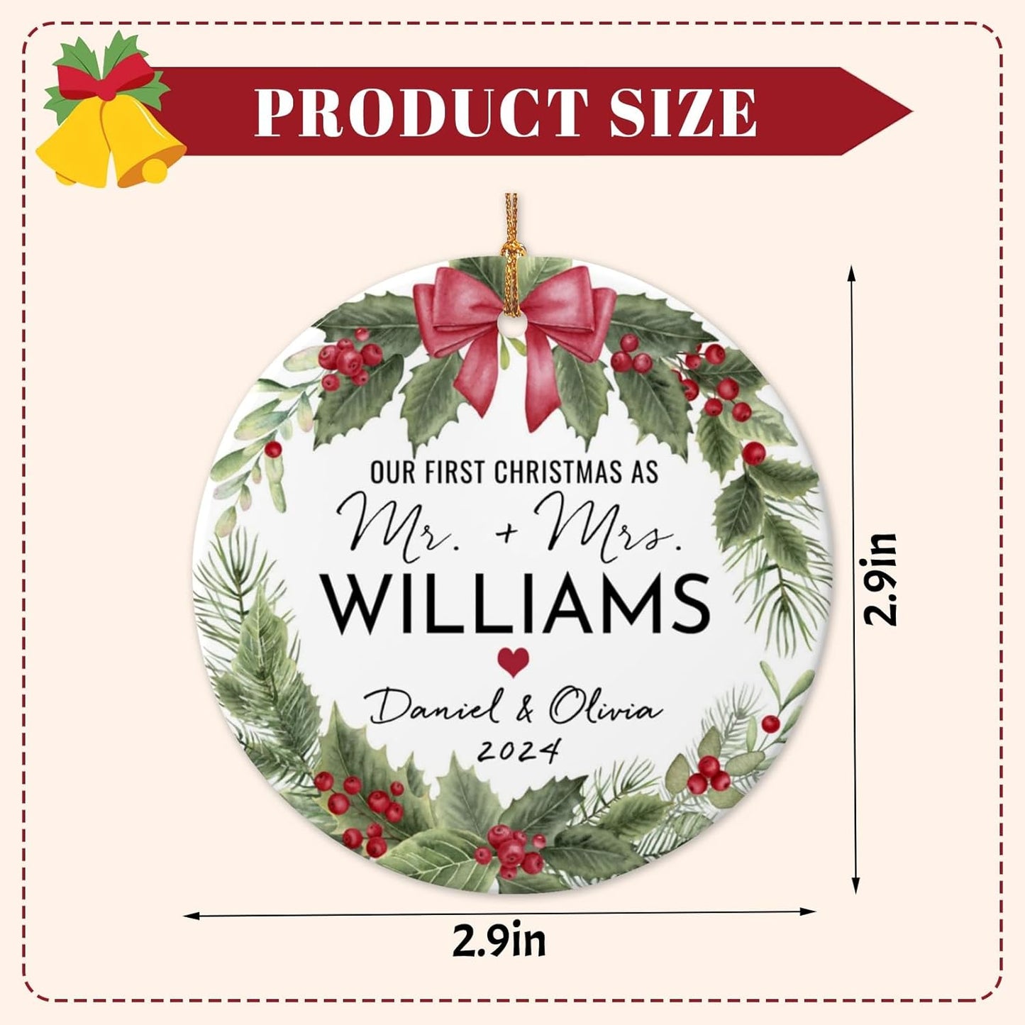 Personalized First Christmas Married Ornament 2025 Custom Mr and Mrs Wedding Christmas Ornaments with Photo Name for Couples,Double-Sided Ceramic Customized Engagement Ornament