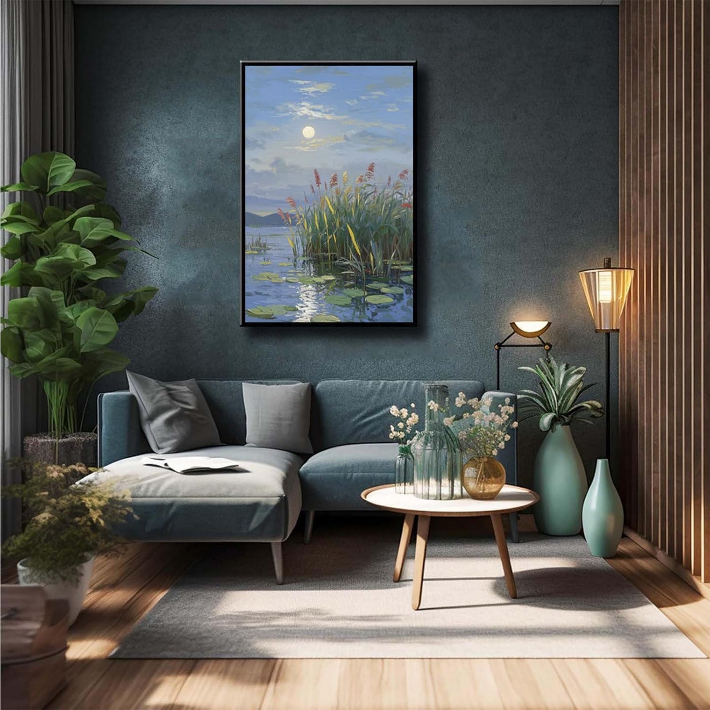 Landscape poster artwork art poster natural landscape painting reed marsh under the moonlight suitable for living room bedroom home wall