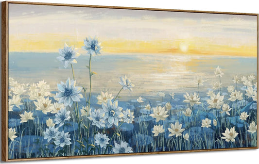 Large Wall Art for Living Room Modern Framed Coastal Beachy Canvas Wall Art Big Floral Sunrise Blue Wall Picture Oversized Lake Nature Sunset Artwork for Office Bedroom Decor