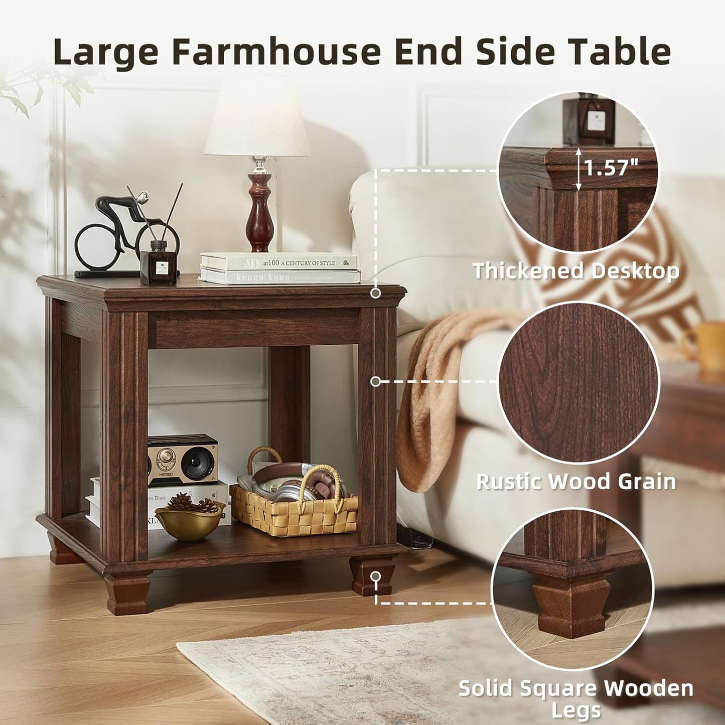 Farmhouse End Table,Large Side Table with 2-Tier Storage Shelf,Rustic Brown End Tables for Living Room,Square Tea Table,Walnut
