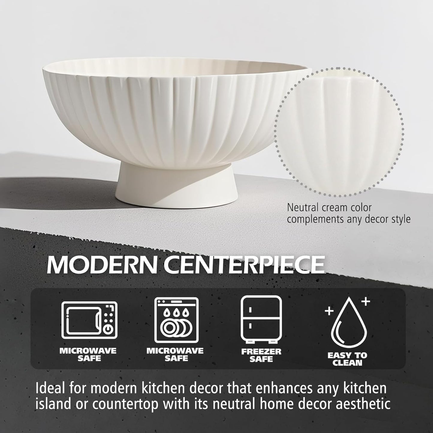 White Ceramic Fluted Decorative Bowl - 8 inch Fruit Footed Bowl for Kitchen Counter, Modern Key Pedestal Ruffle Bowl for Entryway Table & Home Organization-Fits Bread, Fruits, Salad or Popcorn