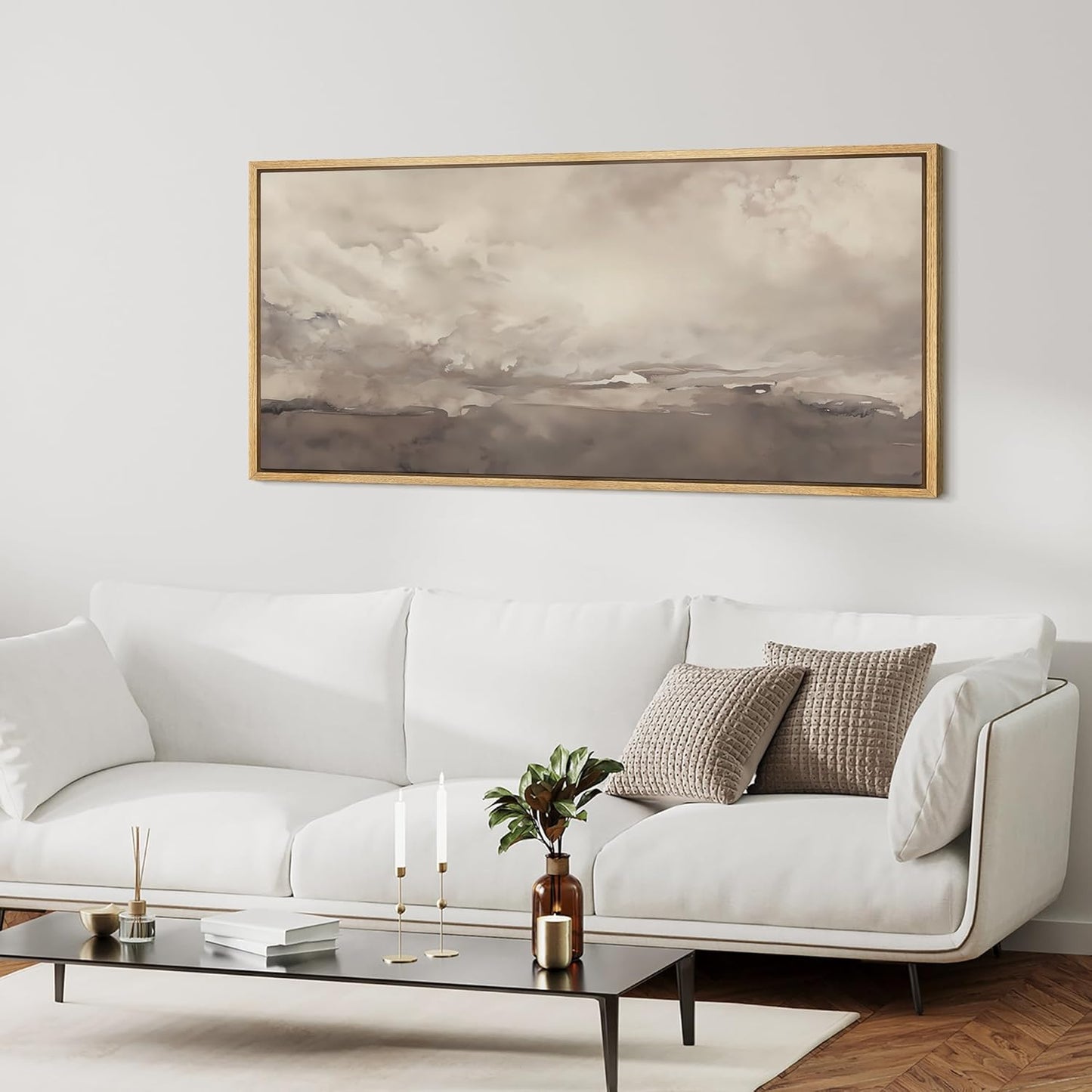 MUDECOR Extra Large Framed Canvas Print Wall Art Misty Landscape Neutral Tranquil Abstract Nature Painting in Earth Tones Illustrations Decorative Colorful Multicolor for Bedroom - 60"x30"