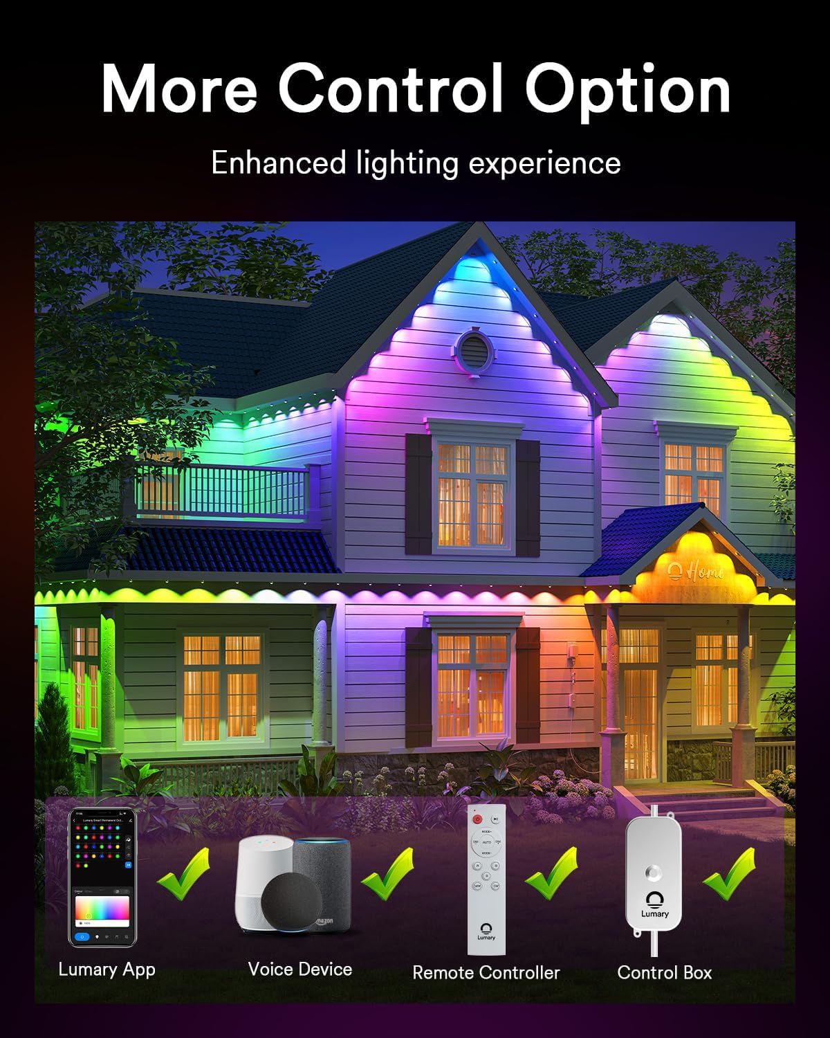 Lumary Permanent Outdoor Lights Pro 53ft for House, 40LED 50lm RGBAICW Smart Eave Lights, IP67 Waterproof, Multi Scene for Daily and Holiday Accent Lighting Decor, Work with Alexa, Google, Remote