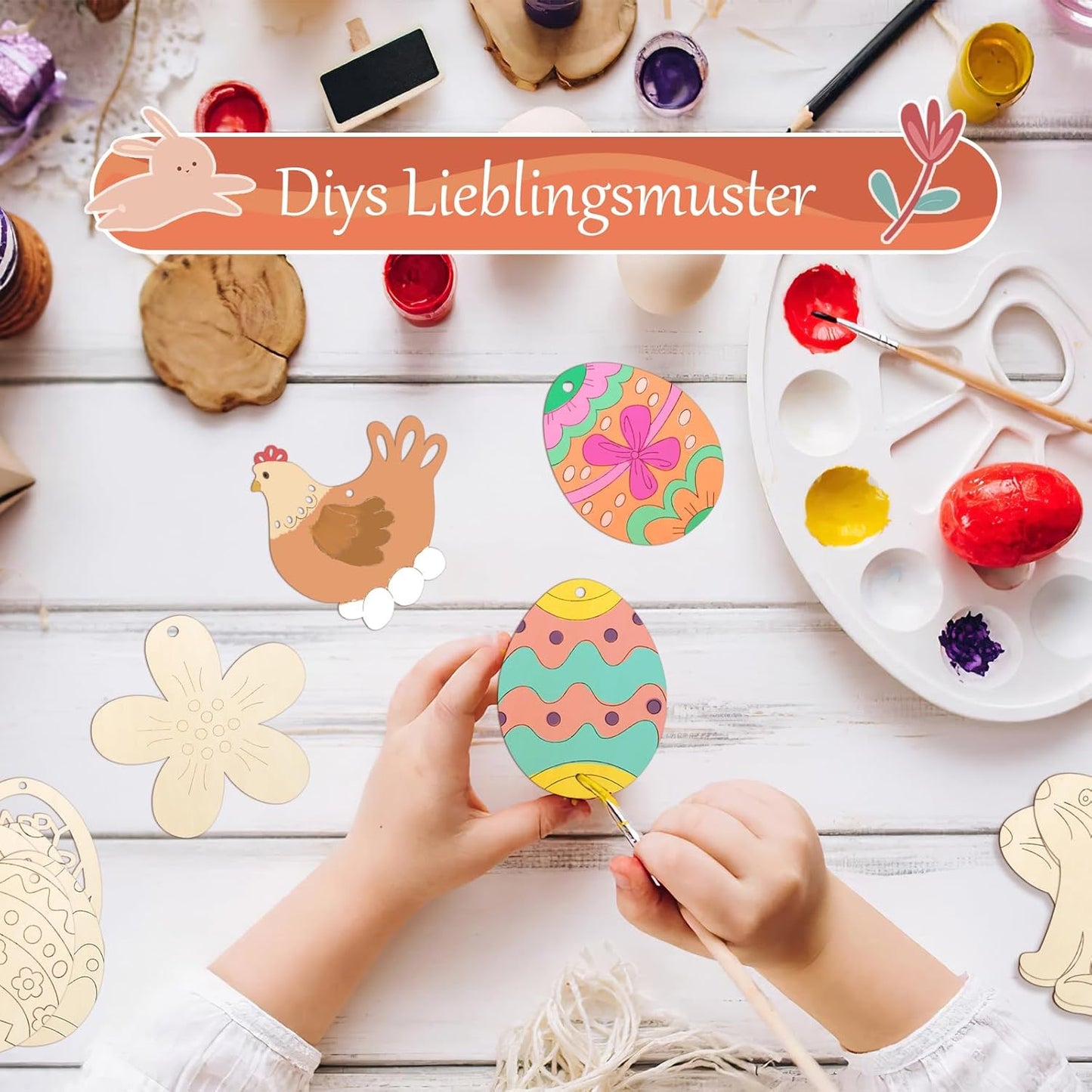 80PCS Wooden Easter Ornaments to Paint, 8 Styles DIY Blank Unfinished Wood Cutouts Ornament for Crafts Hanging Decorations, Egg Rabbit Bunny Butterfly Flower Hen Happy Easter
