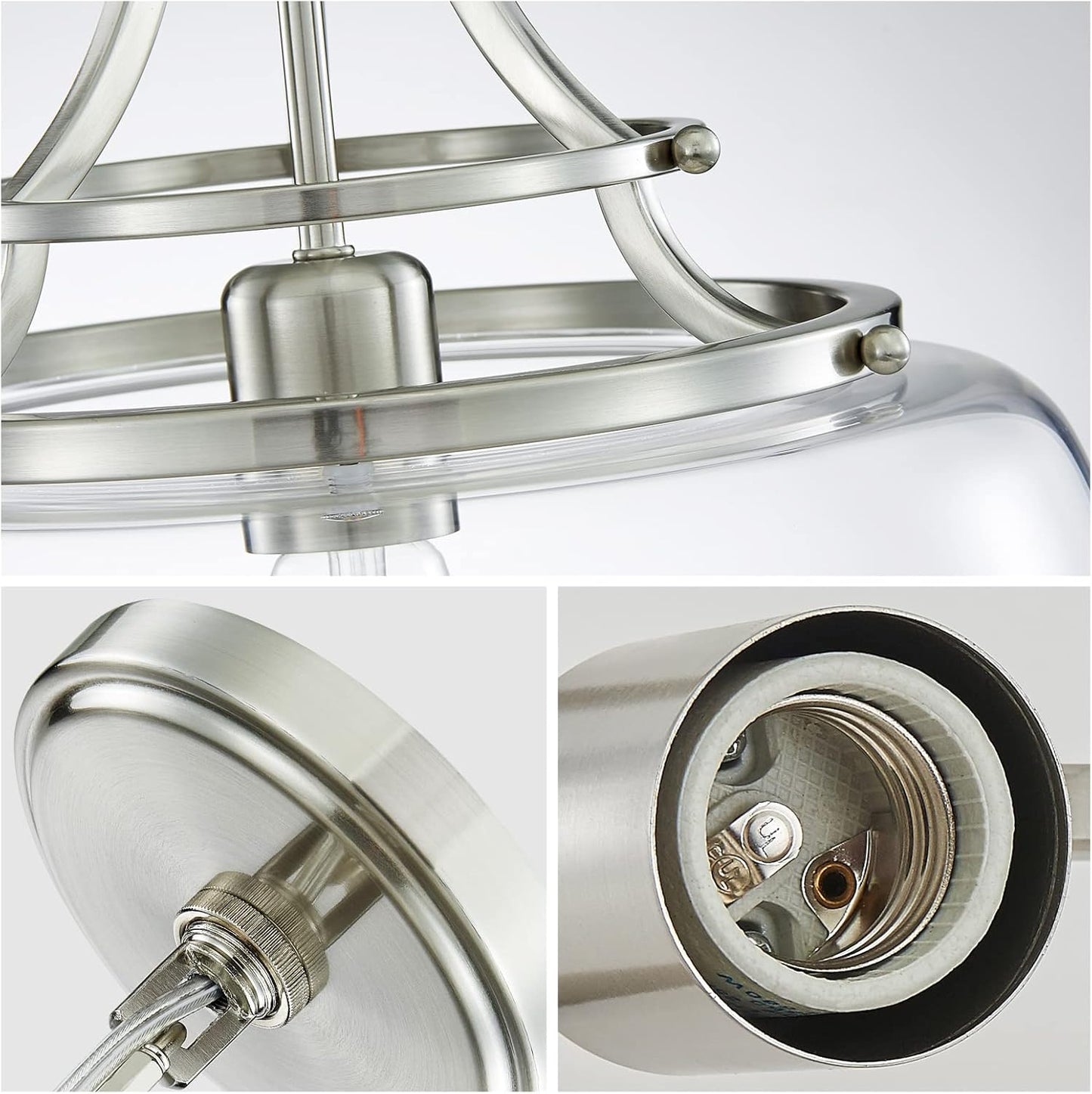 WUZUPS Chandelier Rustic Farmhouse Industrial Round Ceiling Pendant LED Light Fixture with Clear Glass Shades for Dining Room Kitchen Island Foyer Entryway, H 17" x W 13.4", E26 Base, Brushed Nickel