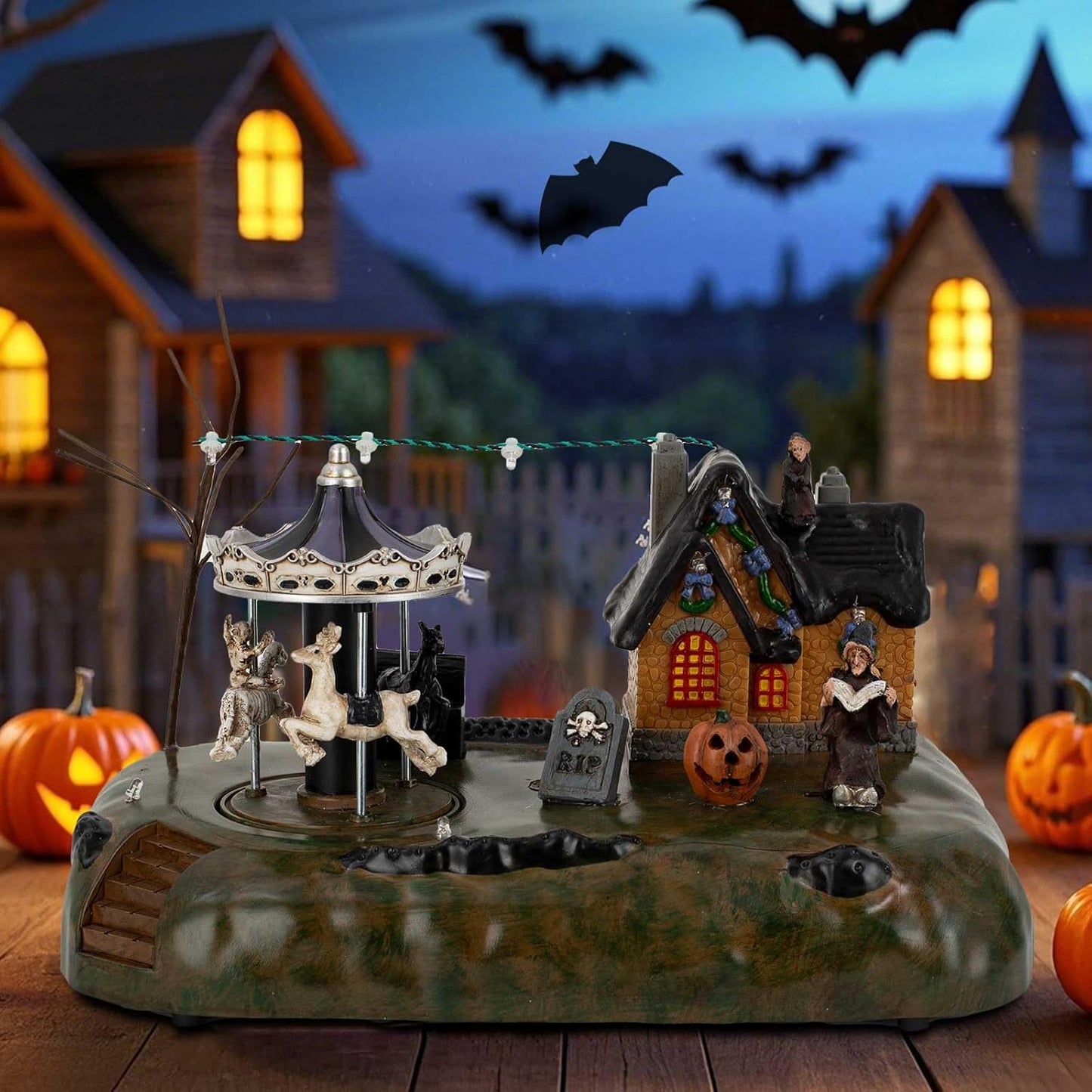 Animated Halloween Village House with Seesaw and LED Lights, Battery Operated Indoor Use only.