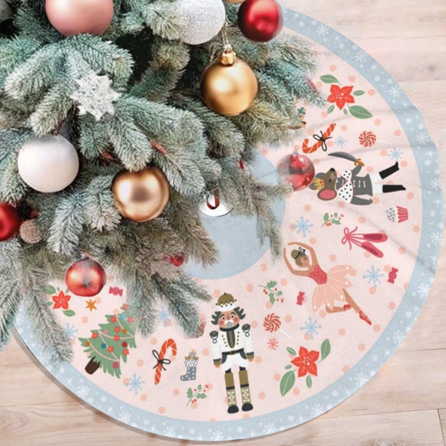 36" Cute Nutcracker Christmas Tree Skirt, Pink Sweet Candy Snowflakes Tree Mat Base Cover for Xmas Festive Holiday Party Decoration Ornaments