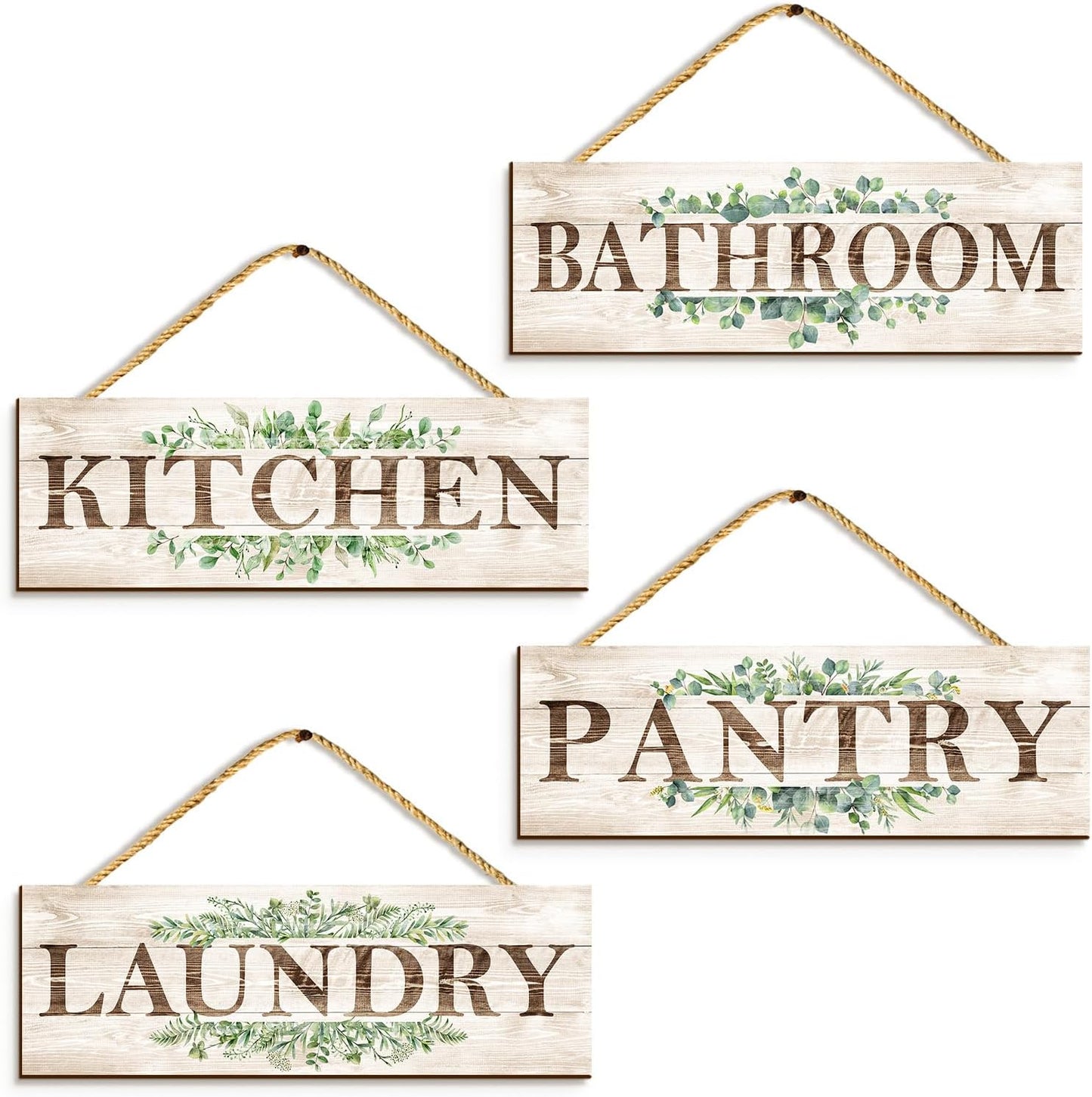 Bathroom Kitchen Laundry Pantry Sign Wall Decor 4 Piece, Wall Art with Plant Print, Rustic Farmhouse Wall Hanging Plaque Home Kitchen Decorative Bathroom, 4.7 x 13.7 inches