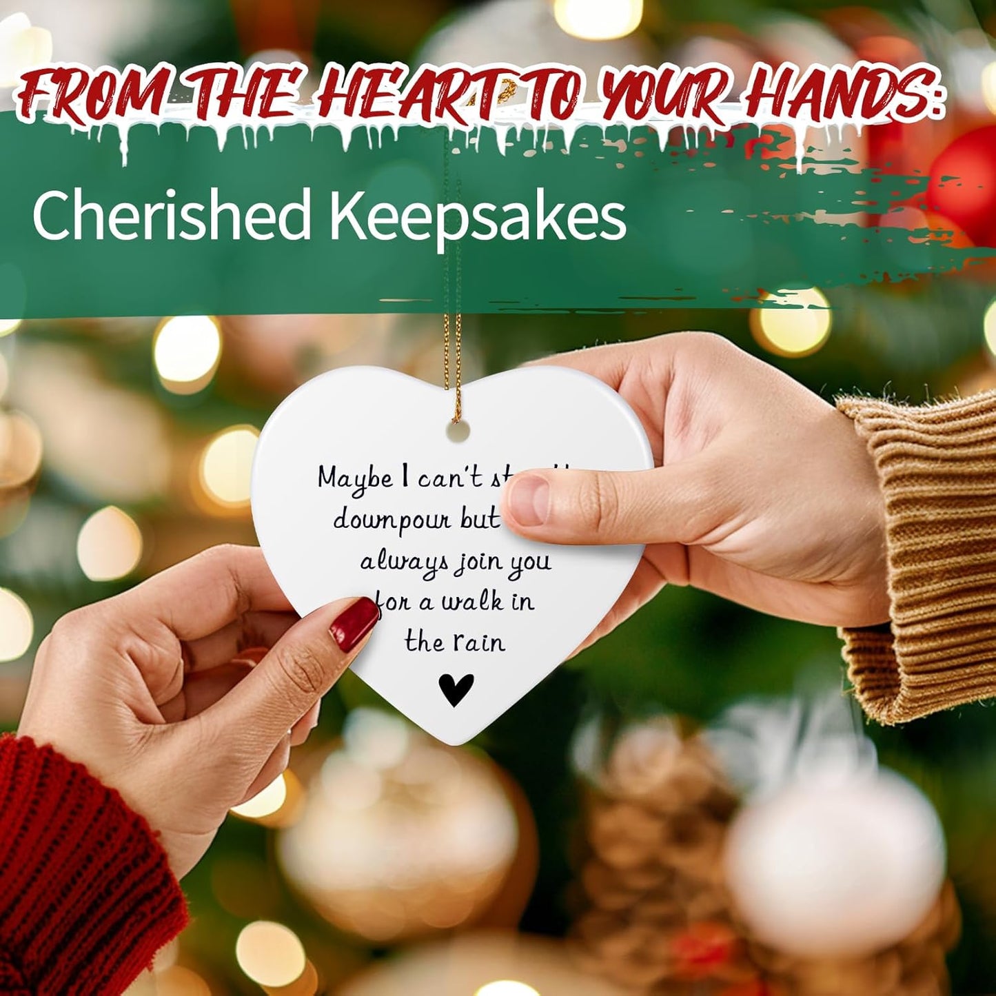 Personalized Maybe I Can't Stop The Downpour Ornament, Friendship Gifts for Women Best Friend Bestie Sister Brother, Tough Time Gift, Ceramic Heart Christmas Ornaments