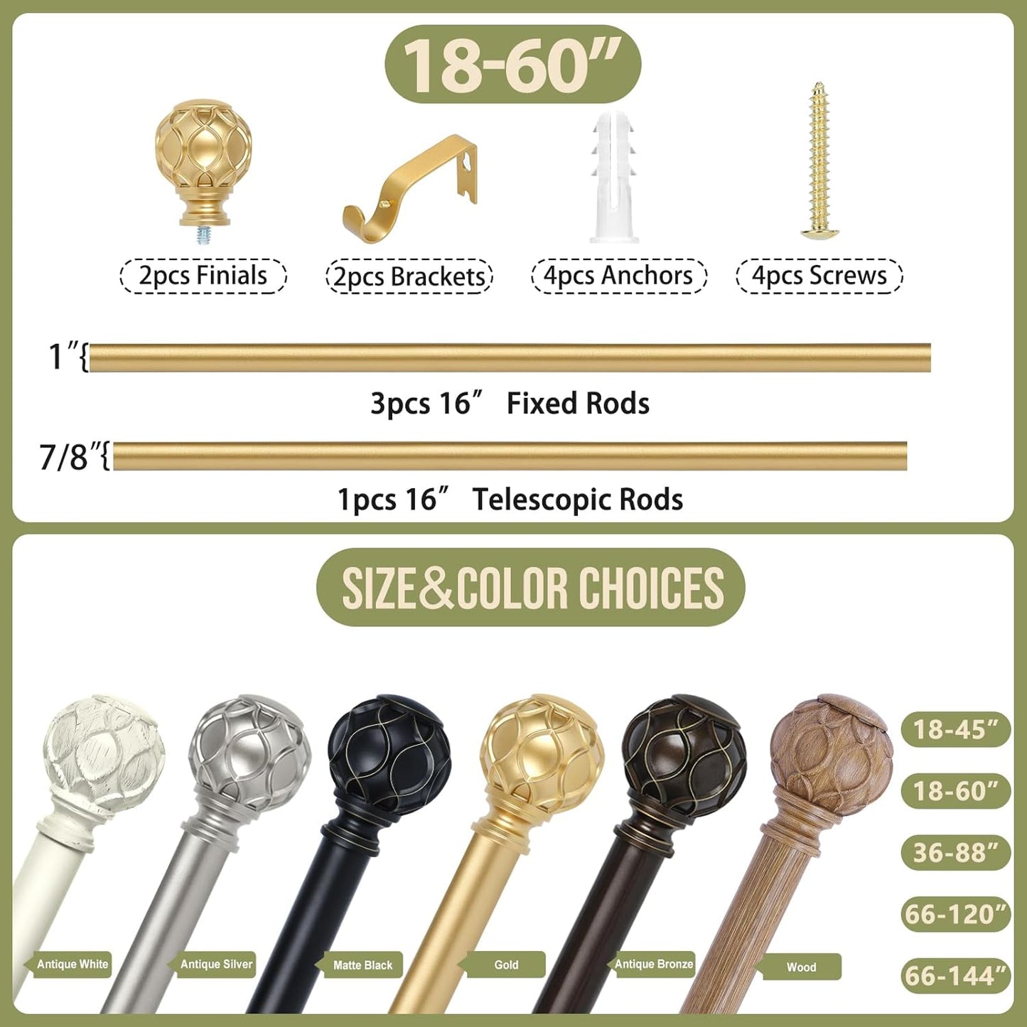 Gold Adjustable Curtain Rods for Windows:18-60 Inch Farmhouse Heavy Duty Curtain Rod for Bedroom Living Room,Boho Decorative Rustic Drapery Rods with Vintage Coastal Texture Finial,Brass Gold