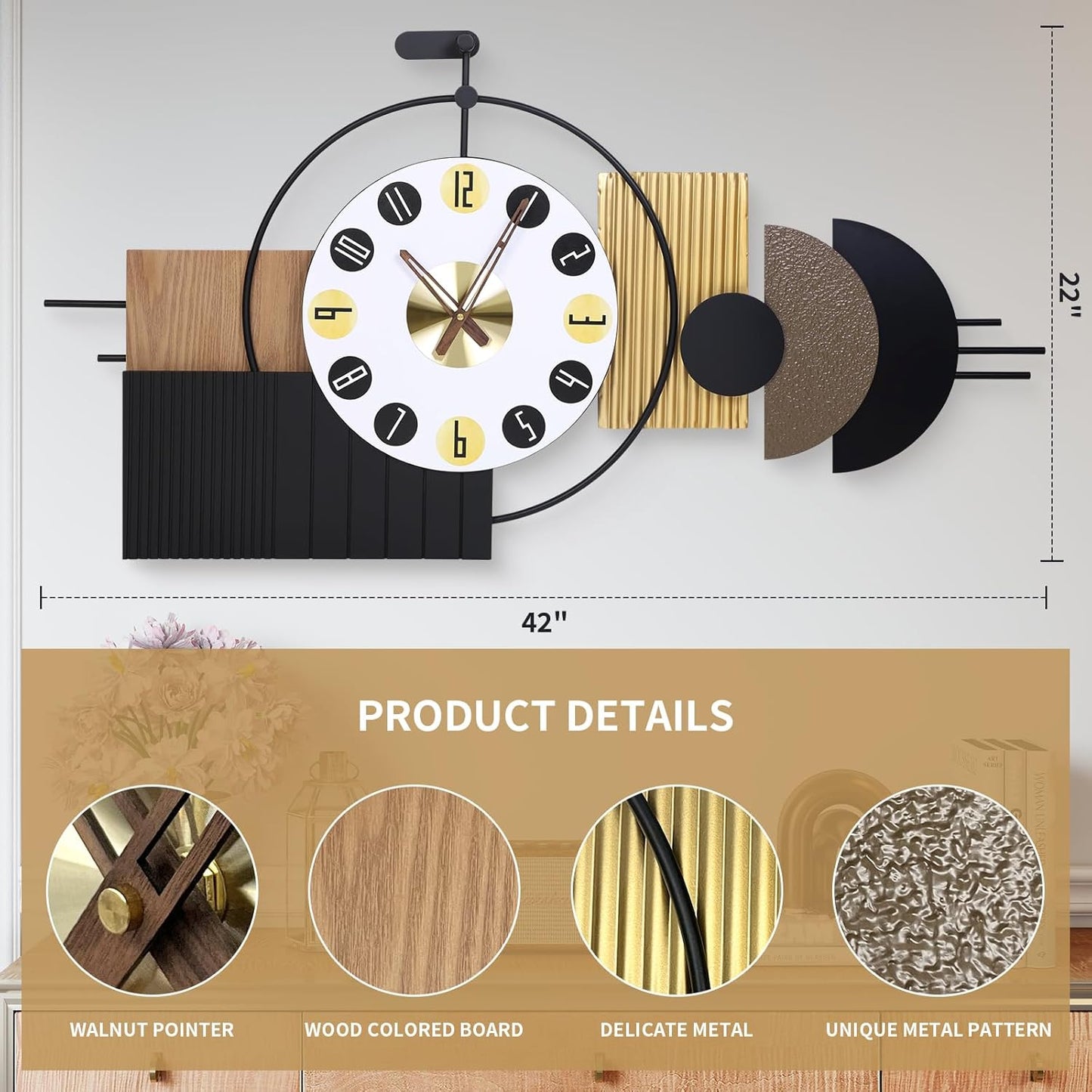 Oversized Modern Wall Clocks-Large Geometric Dial Wall Clock Battery Operated,Wood Metal Frame Big Clock Silent Non Ticking,for Living Room, Bedroom,Kitchen,Farmhouse,Office -42X21.6 Inch