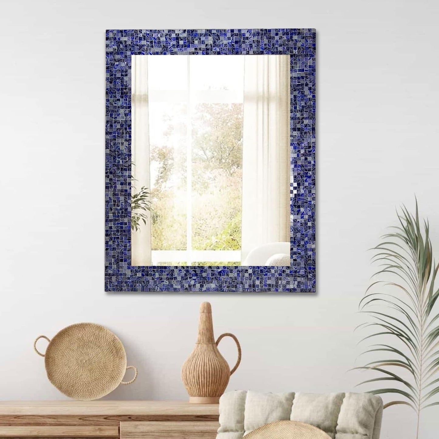 30" x 24" Glass Mosaic Framed Decorative Wall Mirror, Handmade Eclectic Accent Mirror, Unique Vanity Mirror (Lapis Blue)