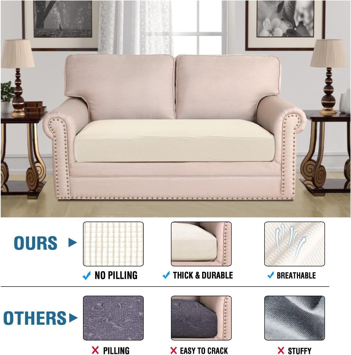 H.VERSAILTEX Super Stretch Individual Seat Cushion Covers Sofa Covers Couch Cushion Covers Slipcover Sets Thick Jacquard Textured Twill Fabric (1 Piece Loveseat Cushion Cover, Natural)