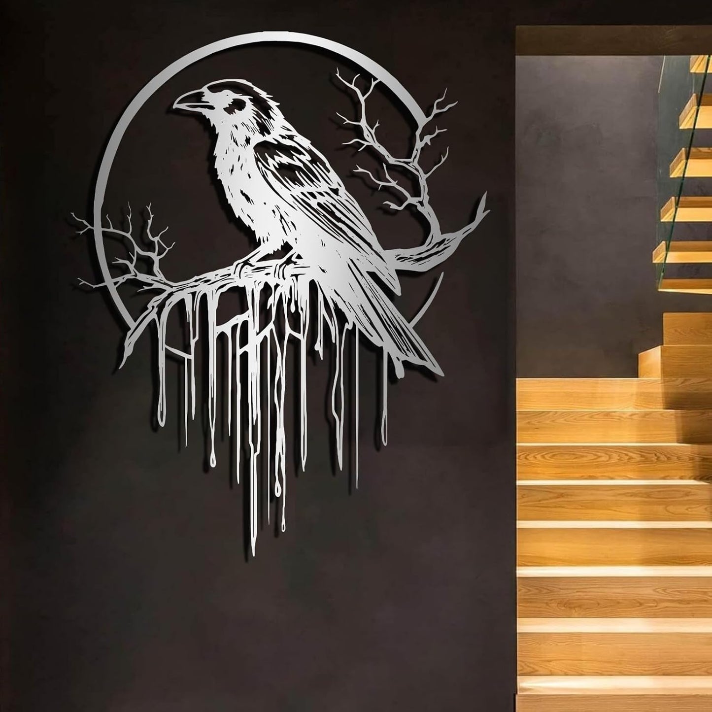 Crow Metal Wall Decor, Raven Wall Art, Large Gothic Raven Decor Hangings, Bird Wall Decor, Metal Tree Branch Decor, Ravens Sign, Raven Art for Living Room (White, 19"x15" | 47x38cm, metal wall art)
