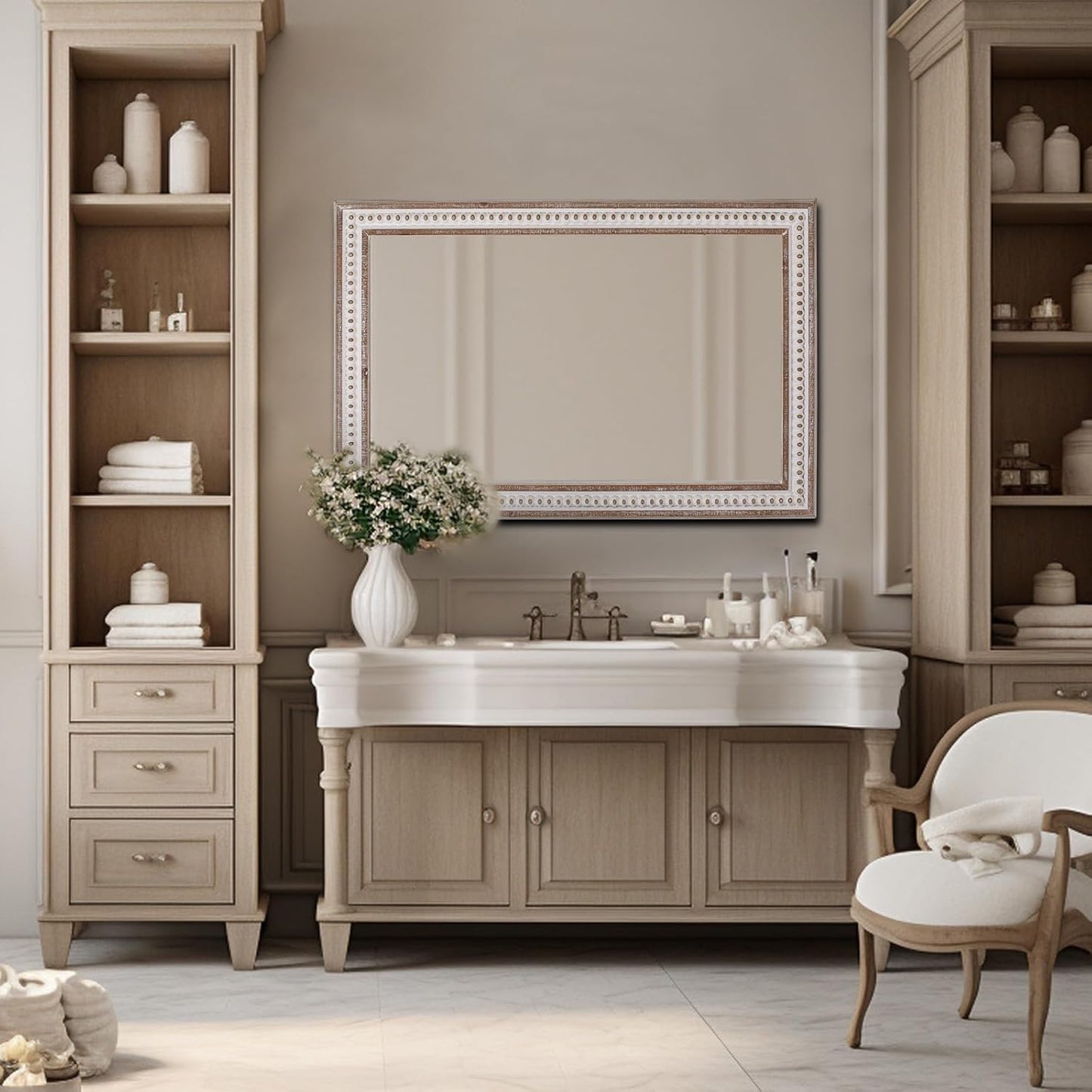 35x23'' Boho Wooden Rectangle Wall Mirror, Rustic Farmhouse Rectangular Mirrors for Bathroom, Bedroom, Living Room, Entryway Decorative - Vertical or Horizontal Hanging