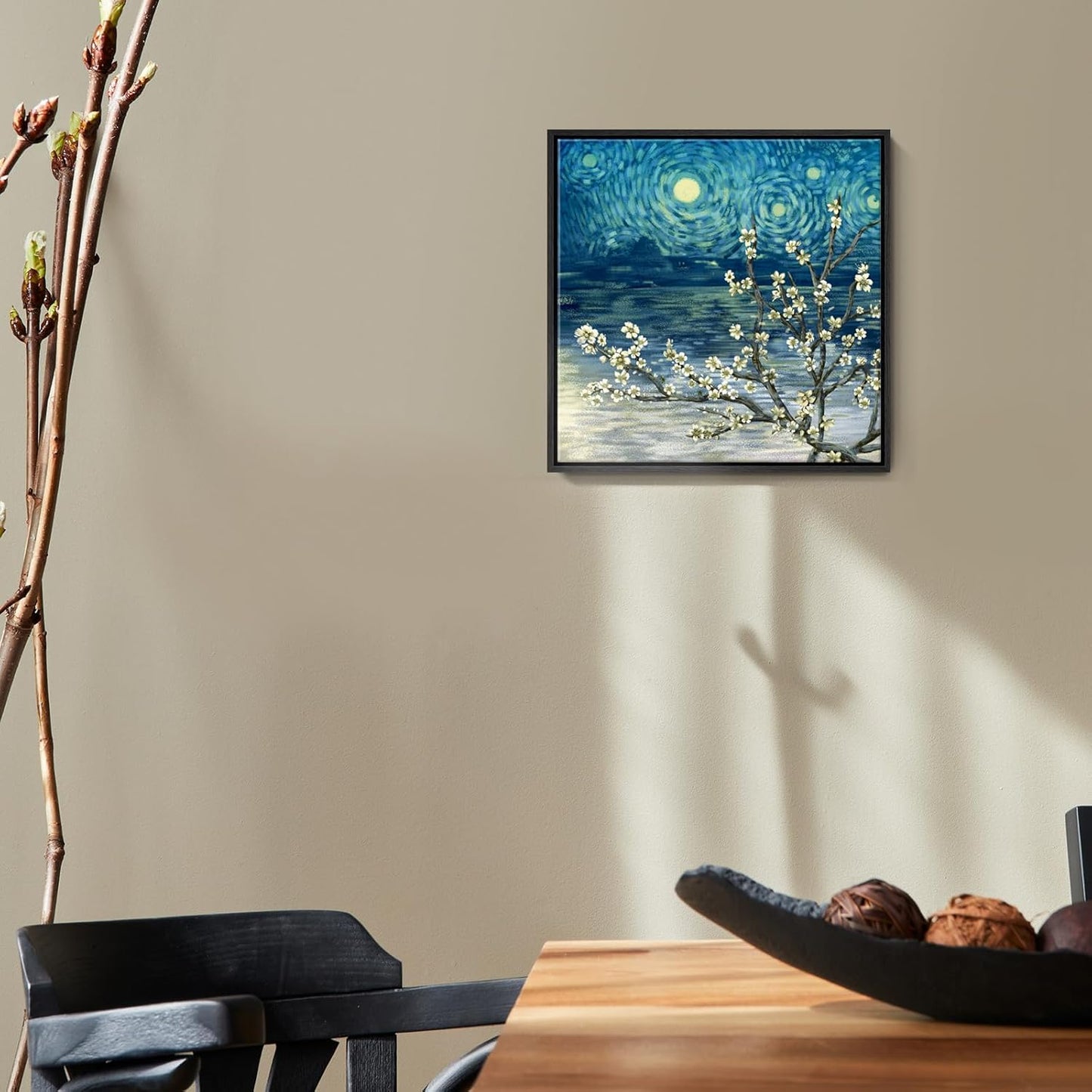 Framed Wall Art Bathroom Décor Modern Floral Tree Canvas Picture Plum Blossom Starry Night Flower Canvas Print Abstract Lake Blue Teal Yellow Painting for Modern Living Room Bedroom Office Décor Small