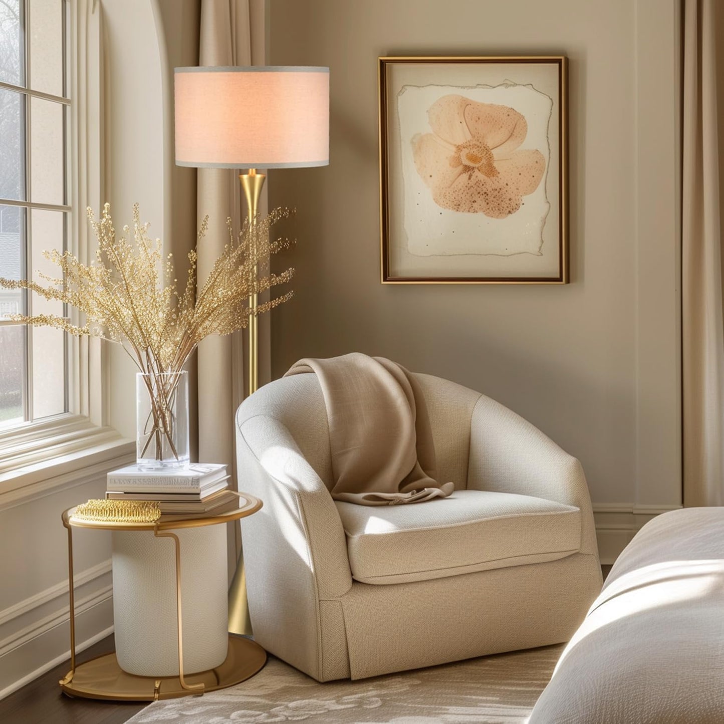 GLOBE Electric 61000150 60" Floor Lamp, Antique Brass Finish, Beige Fabric Shade, Mid-Century Modern Standing Lamp, E26 Base, Sustainable Design for Living Rooms and Bedrooms