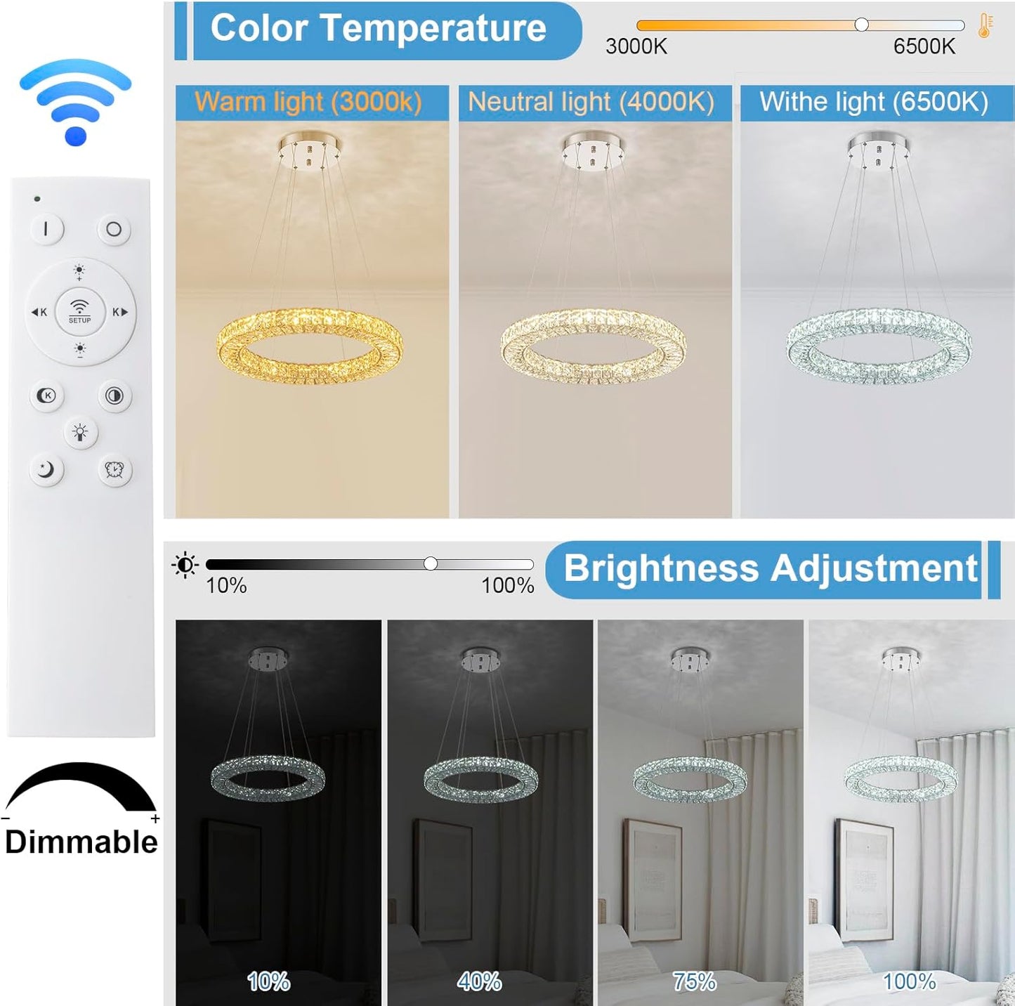 22" Chandelier Crystal Chandeliers Ceiling Light Fixture with Remote Control Flush Mount Ceiling Lights for Living Room Dining Room Bedroom(dimmable)