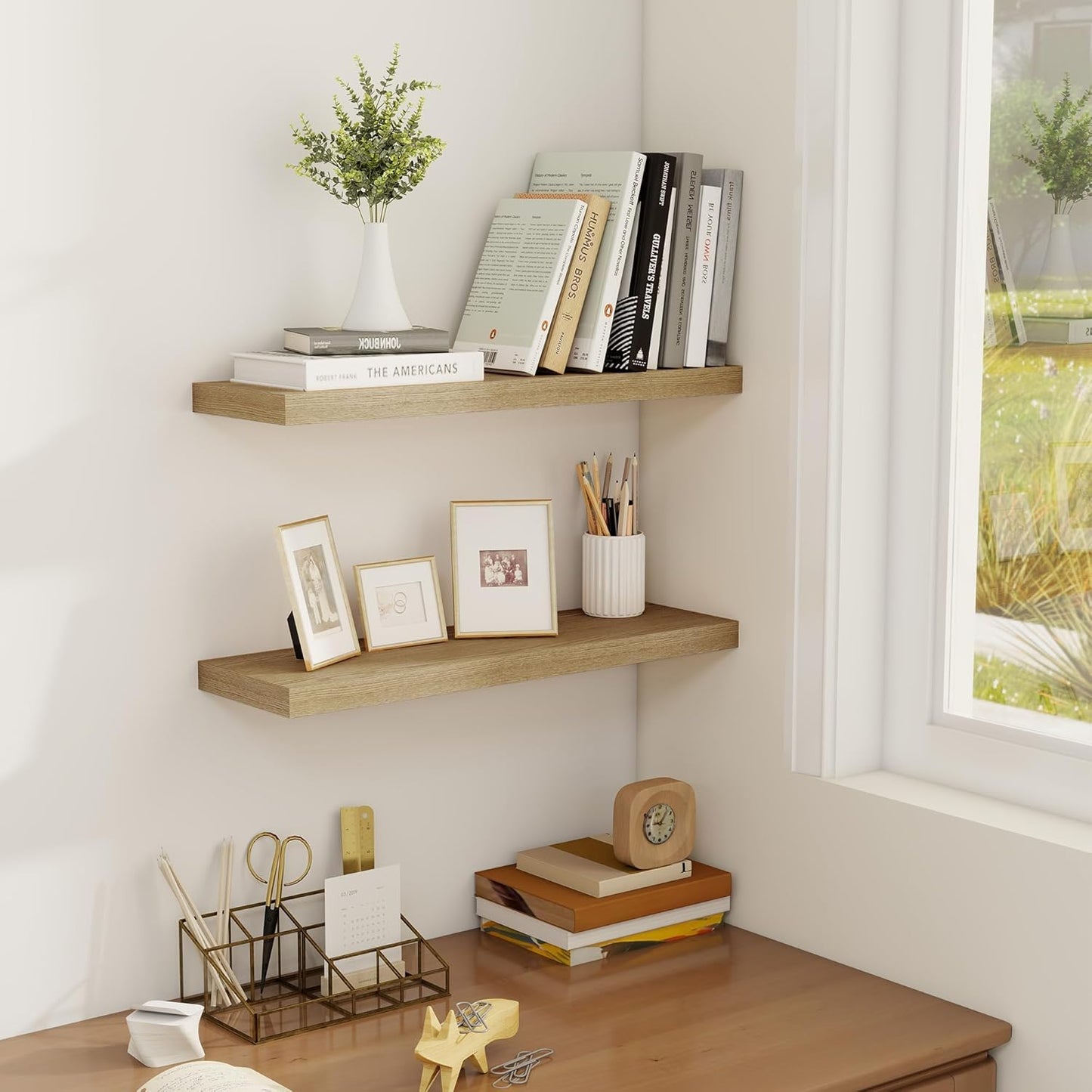 Fun Memories Floating Shelves for Wall, 22.5" Rustic Wood Deep Wall Mounted Shelves with Invisible Brackets for Decor & Storage, Floating Shelf for Living Room, Bathroom (Oak, Set of 2)