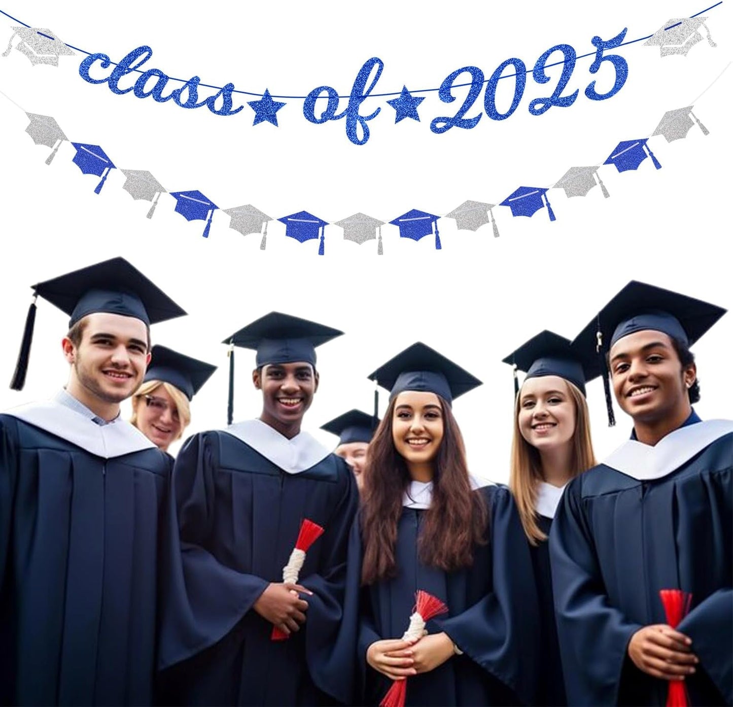 Navy-Blue White-Silver Party-Decoration Graduation Banner - 14pcs Kits Cap Garland Streamers, Royal Paper Tissue Pom Poms Flowers Fans Honeycomb,Class Of 2025 College High School Grad Decor Hugfond