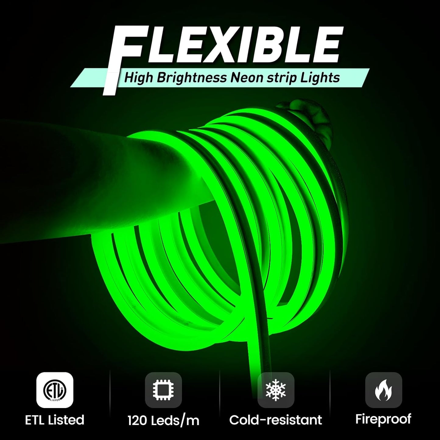 GZBtech Flexible LED Neon Rope Lights 16.4FT,AC 110-120V Waterproof Strip Light, 120 LEDs/M Cuttable Connectable Neon Lighting for Indoor Outdoor Home Decor/Commercial Building Use-Green 5M