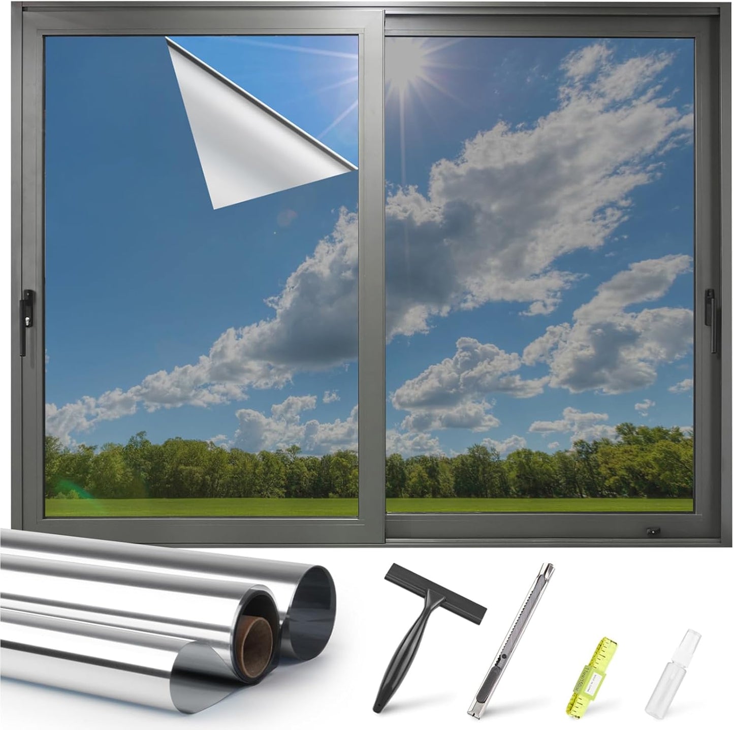 Kromapolis One Way Window Privacy Film Reflective Mirror Home Window Tint, Daytime Privacy Heat Control Anti UV Glass Tinting Static Cling (Silver, 23.6 x 157.4 inch)