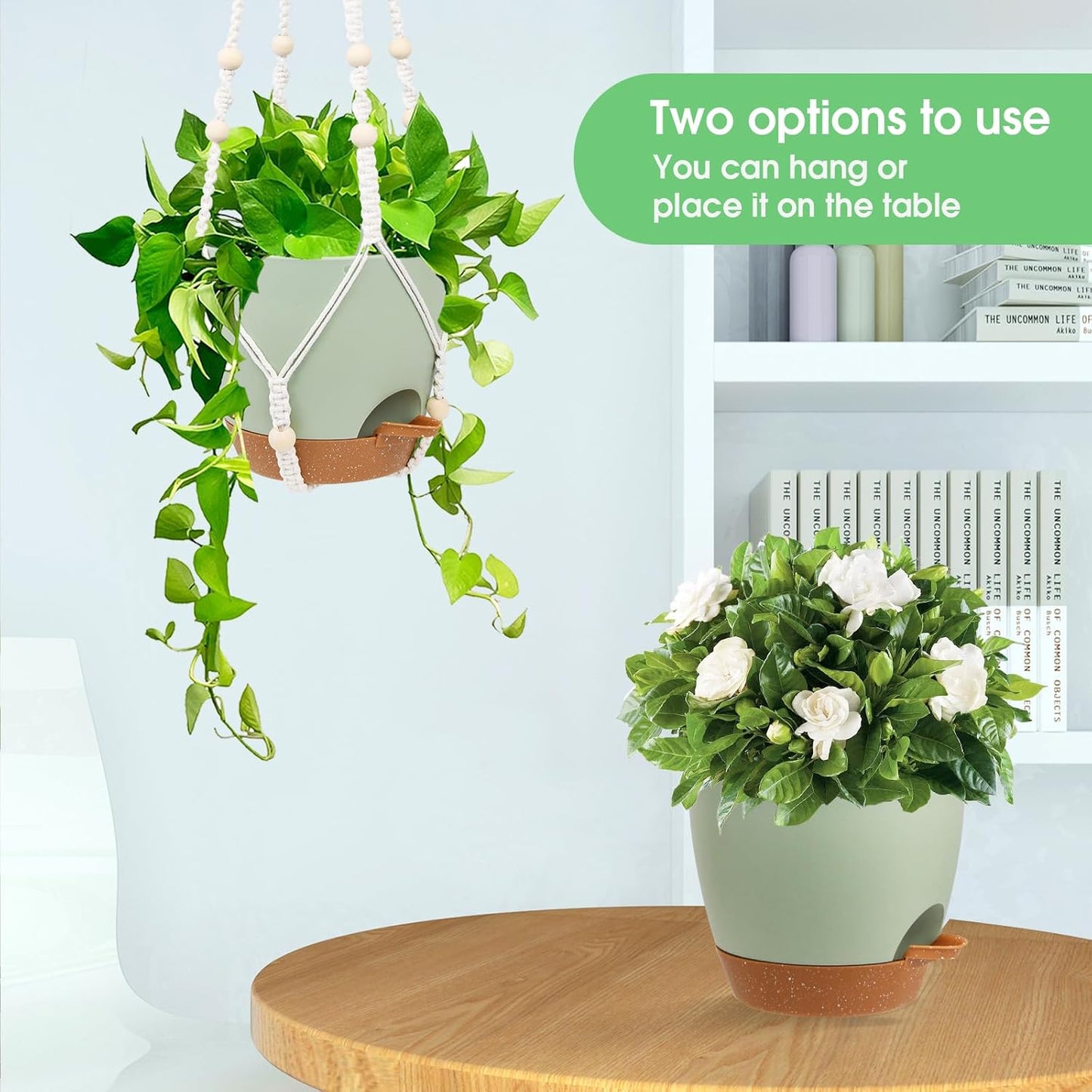 Hanging Planters for Indoor Outdoor Plants, 2 Pack Self Watering Hanging Pot with Drainage Holes, Removable Tray & 2 Kinds of Plant Hangers, 8'' Hanging Flower Pots for Home Garden Decor, Green
