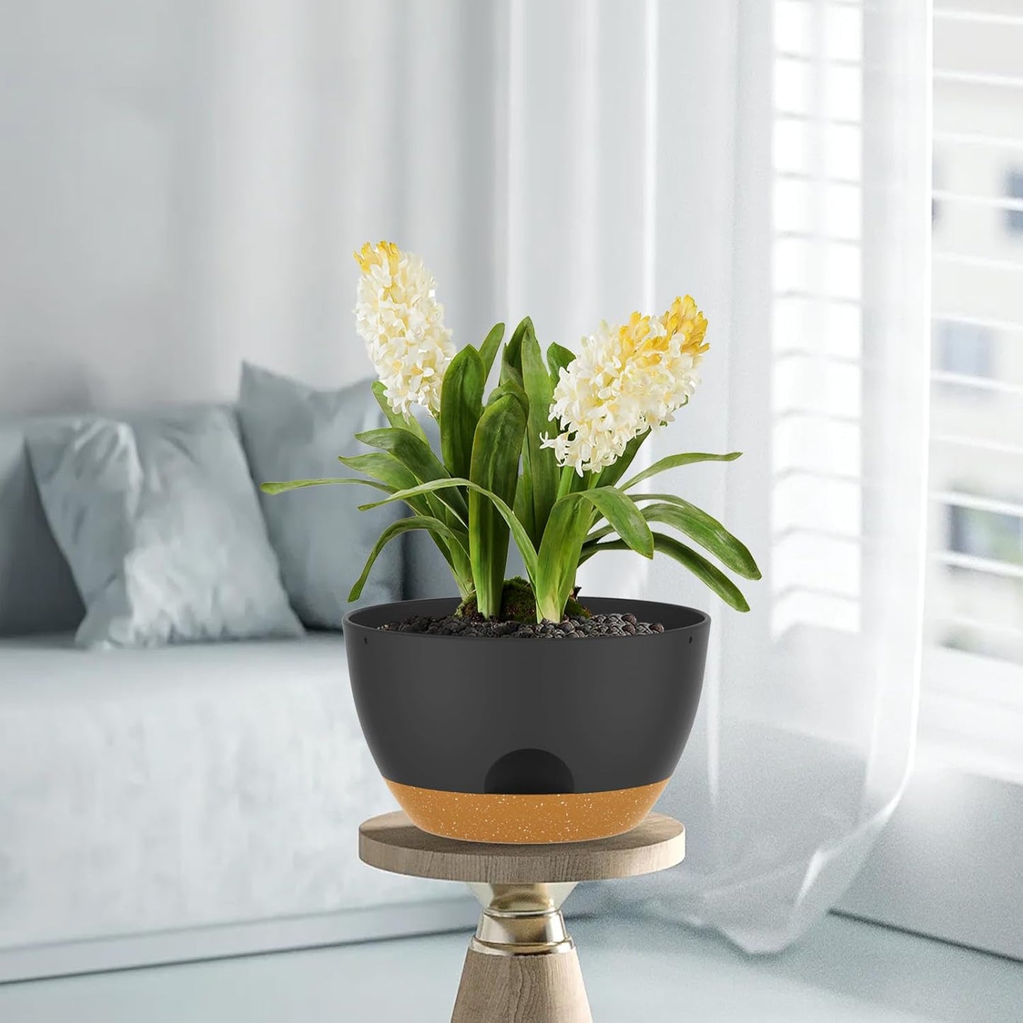 12 Inch Hanging Baskets 2 PC with Chains, Self-Watering Hanging Planters for Indoor Outdoor Plants, Plastic Hanging Flower Pots,Black Brown