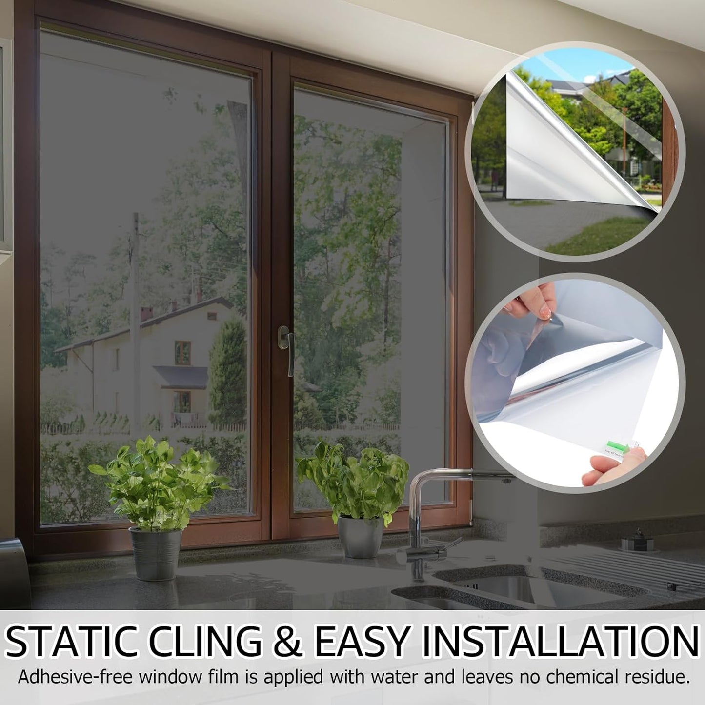 HIDBEA One Way Window Film, Daytime Privacy Sun Blocking Reflective Window Film No Glue Static Cling Heat Control Window Tinting Film for Home and Office, Black Silver, 17.35 x 196.8 Inch
