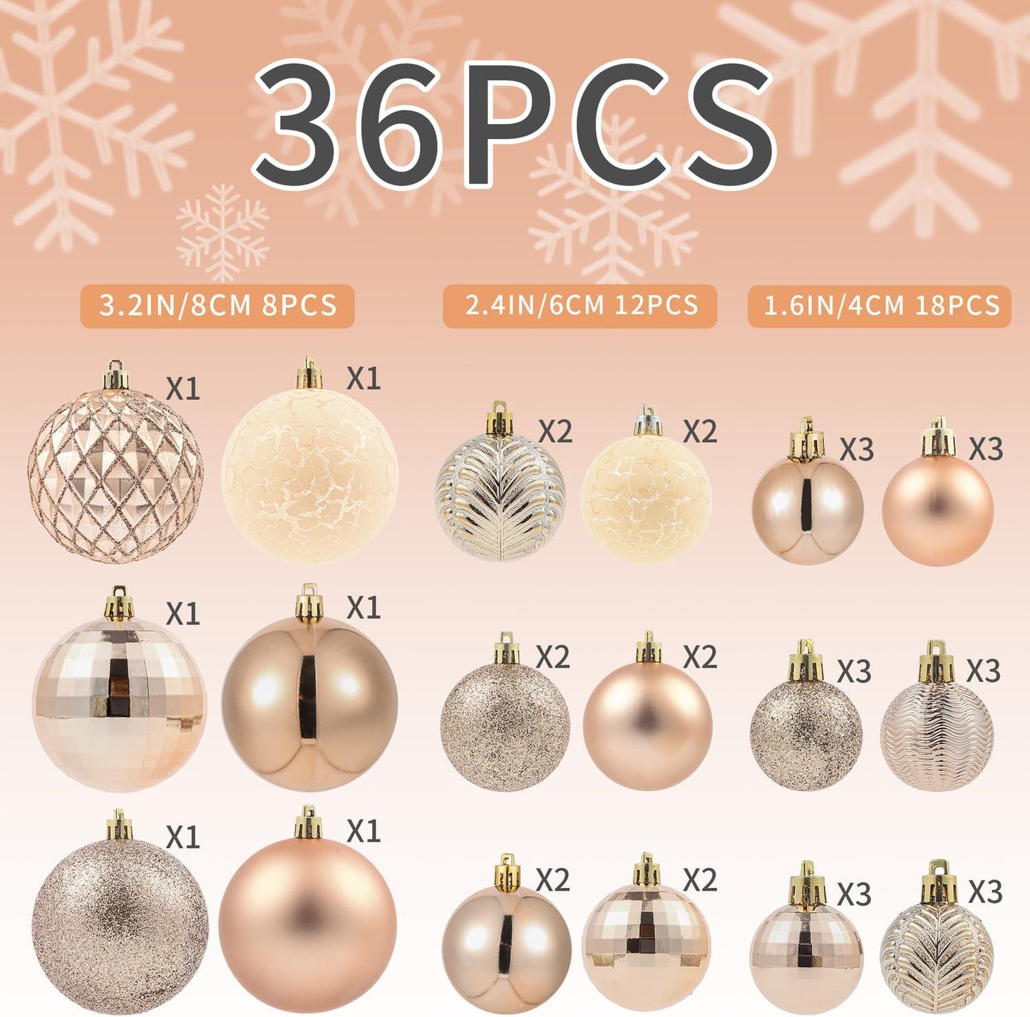LANGXUN 36pcs Champagne Gold Christmas Tree Decorations Balls, Bolas De Navidad, 2025 Christmas Decor, Indoor Outdoor Shatterproof Christmas Ornaments, Xmars Party Wedding Suppiles