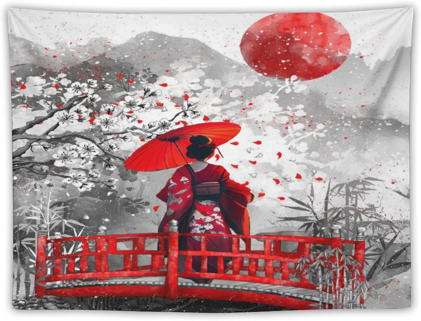 Japanese Red Geisha Tapestry Asian Cherry Blossom Red Sun Traditional Kimono Folk Tapestries Home Decor for Living Room Bedroom Apartment Farmhouse Dorm 90"x60"