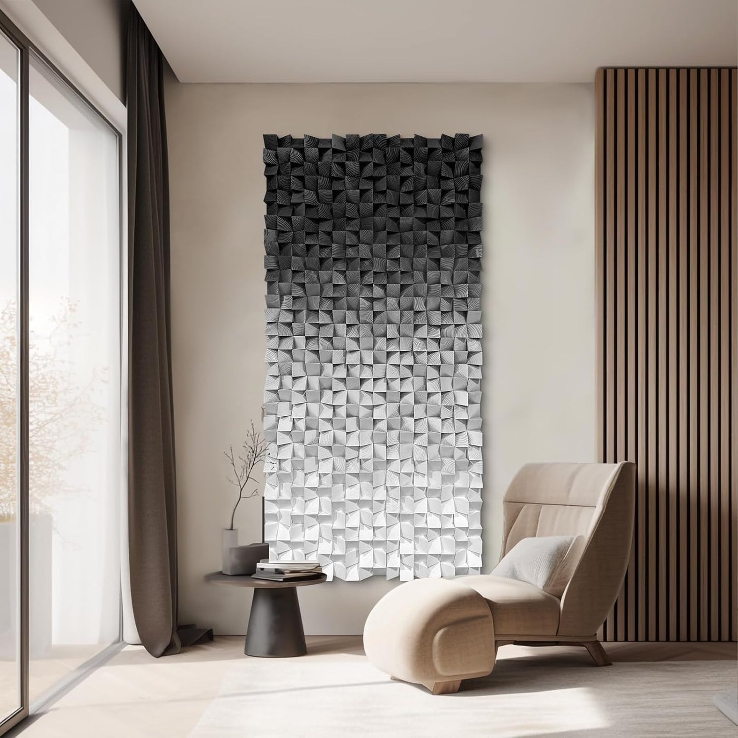 LIUZEYUE - Wooden Block Stereoscopic Painting Geometric Modeling Wall Decoration 3D Wooden Artwork Living Room Bedroom Background Wall Office Decoration Black and White Gradient 39.4 x 78.7 inches