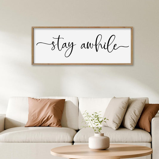 SRSZHIYUE Stay Awhile Sign Wall Decor Art 40"×15" Home Entryway Hallway Signs Large Wood Framed Wall Hanging (Wood)