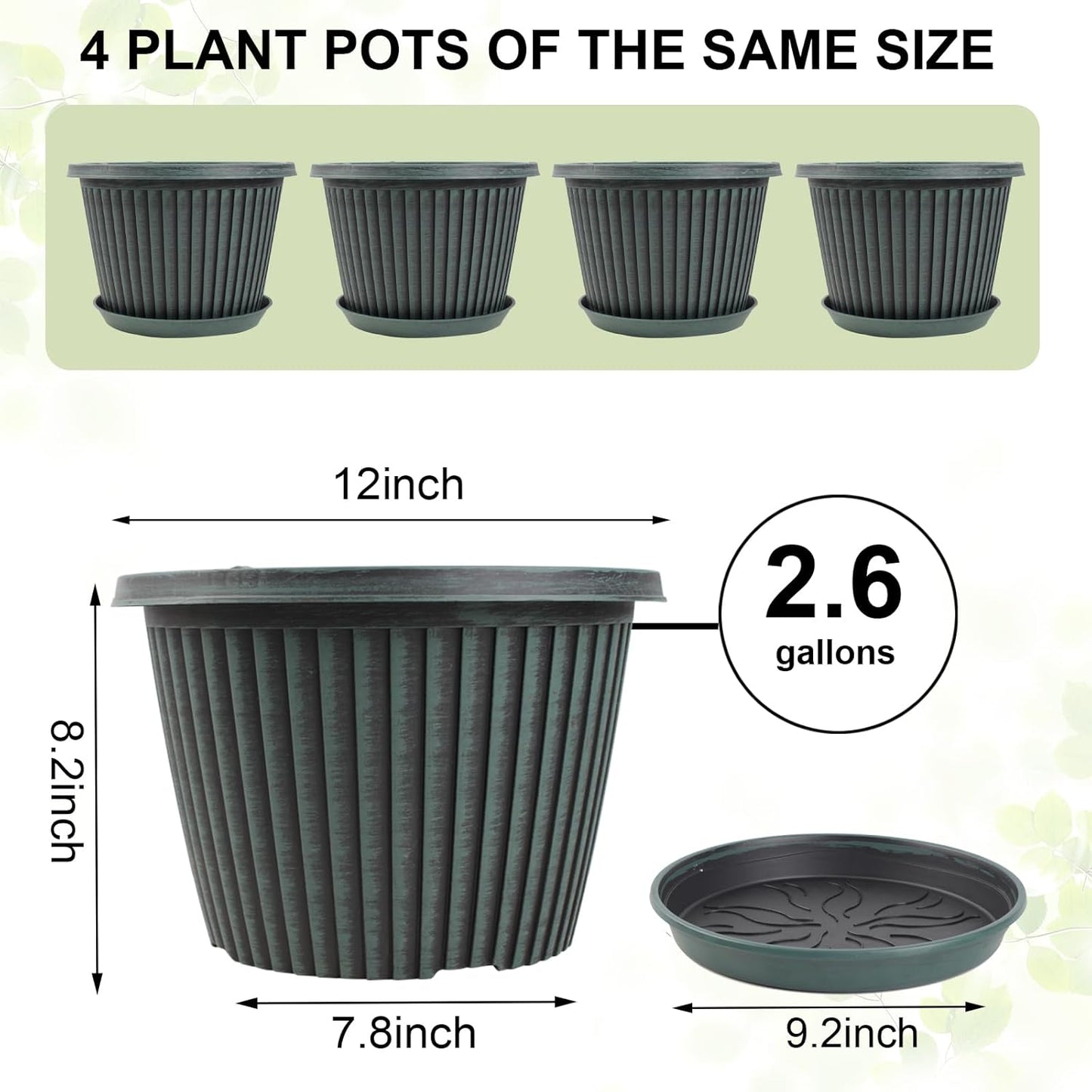 12 inch Plant Pots Indoor Outdoor, 4 Pack Large Planter, Plastic Flower Pots with Saucer and Drainage Holes, Modern Decorative Resin Garden Pots for House Plants