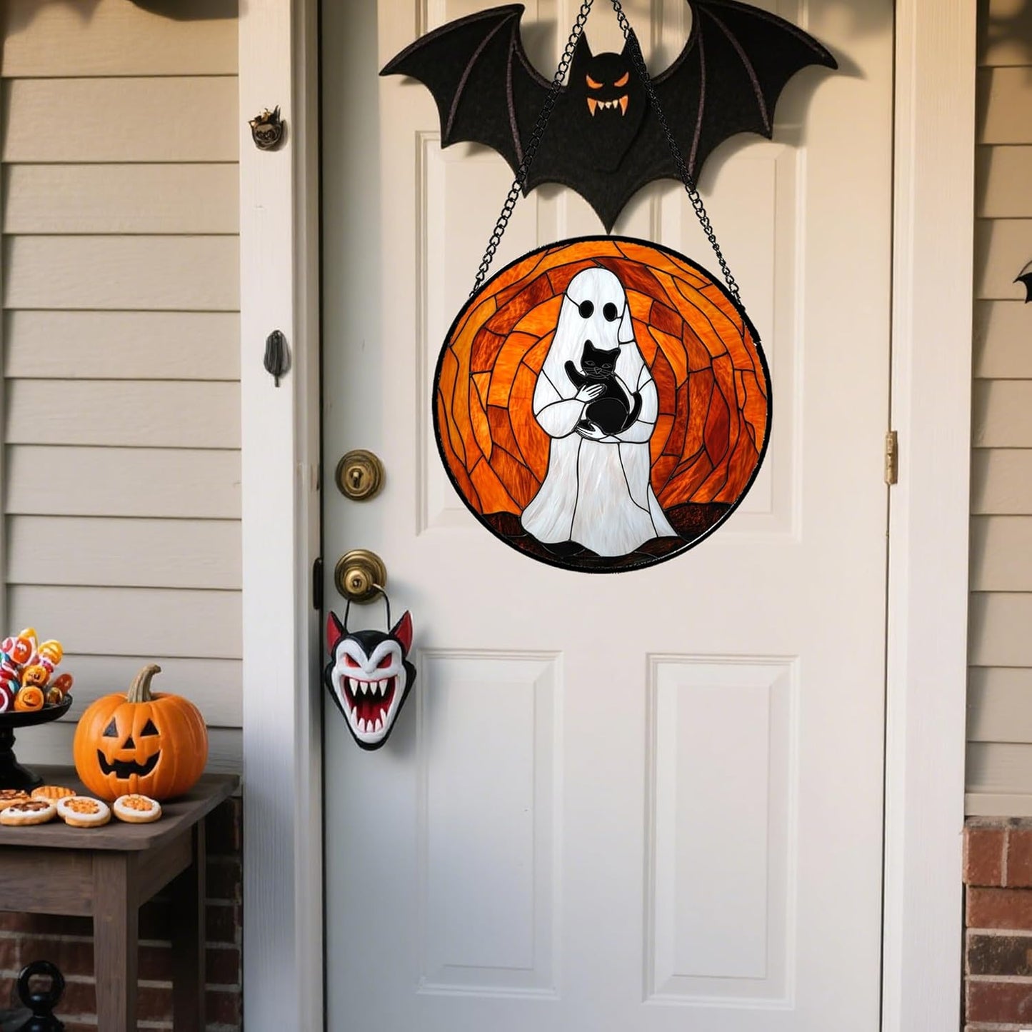 Stained Glass Window Hanging - Halloween Cute White Ghost Black Cat Suncatcher for Doors Garden Home Spooky Orange Sun Catchers Gothic Decor Horror Gift for Women Men Friend Boy Girl 6.3 in