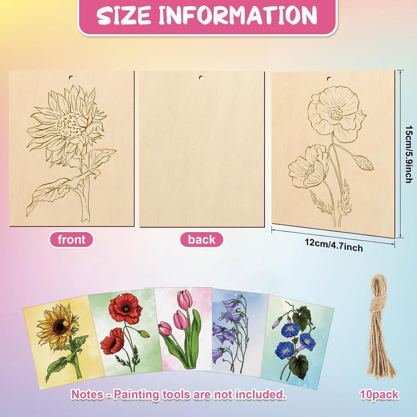 COCHIE 10 Pieces Large Flowers Unfinished Wood Crafts to Paint for Adults and Kids, Bulk Predrilled Wooden Ornaments for Painting, Tulips Flower Paintable Wood Slices Craft Supplies with Ropes