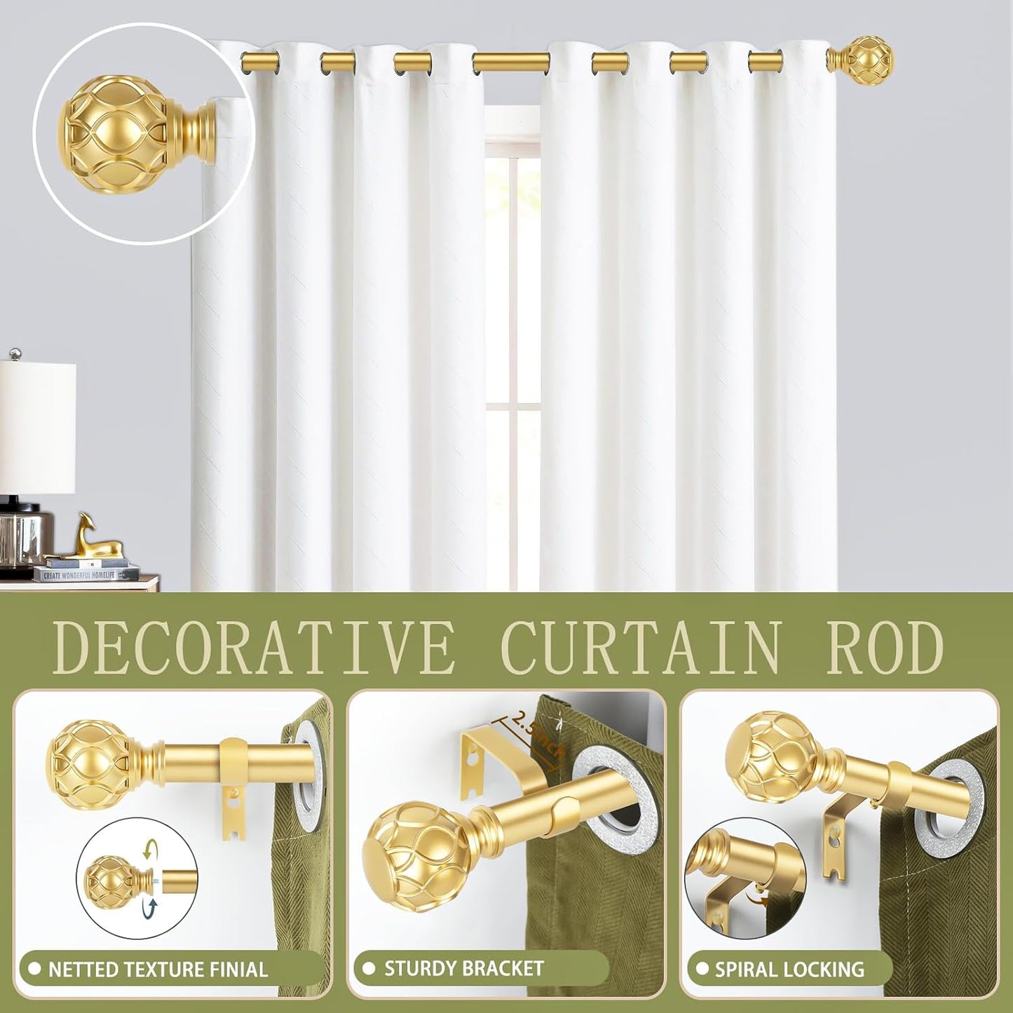 Gold Adjustable Curtain Rods for Windows:18-60 Inch Farmhouse Heavy Duty Curtain Rod for Bedroom Living Room,Boho Decorative Rustic Drapery Rods with Vintage Coastal Texture Finial,Brass Gold