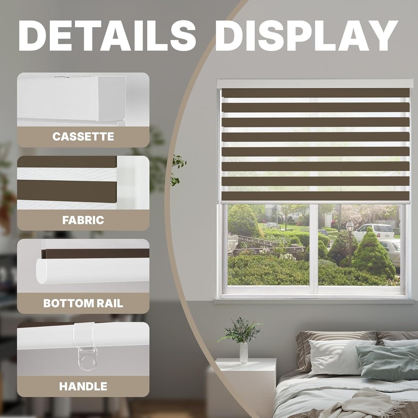 HESTIA Cordless Zebra Blinds Light Filtering Roller Shades UV Blocking Blackout Privacy Indoor Window Shades for Home Office Day and Night, Brown,48" W x 54" H