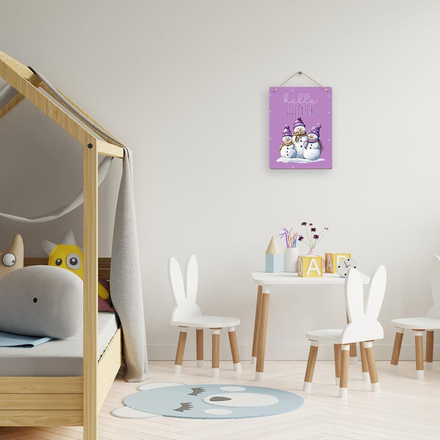 Purple Hello Winter Snowman Hanging Wooden Signs 10x8, Snowman Winter Signs, Winter Door Sign, Purple Snowman Winter Snowflakes Home Room Office Hanging Wall Decor