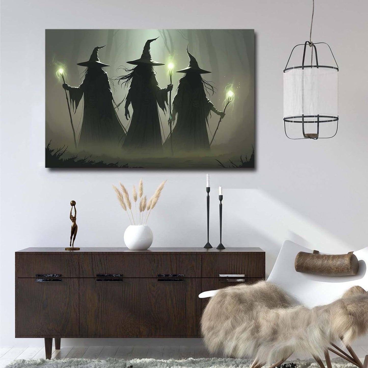 Vintage 3 witches canvas wall decor melancholy dark Halloween poster wall decor holding a staff print Gothic horror Halloween painting print for living room bedroom8x12in Wood Framed